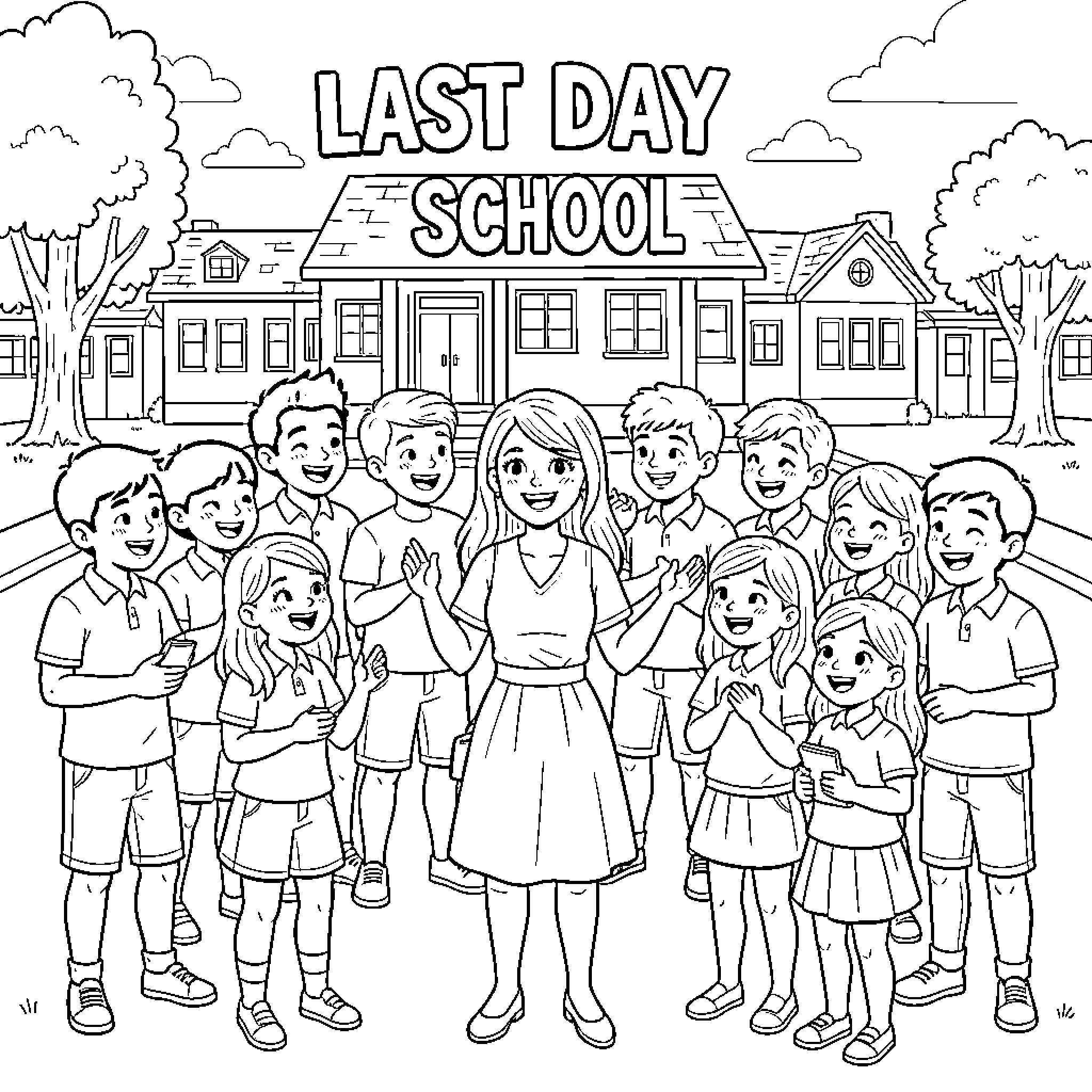 Teacher standing with happy students in front of school Coloring Page (free black-and-white line drawing printable PDF for all, from beginners to advanced learners, including children, teens, adults, and seniors)