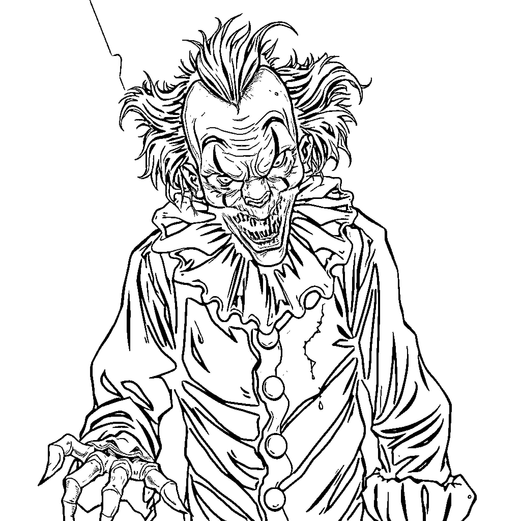 Zombie Clown with Menacing Expression and Torn Costume Coloring Page (free black-and-white line drawing printable PDF for all, from beginners to advanced learners, including children, teens, adults, and seniors)