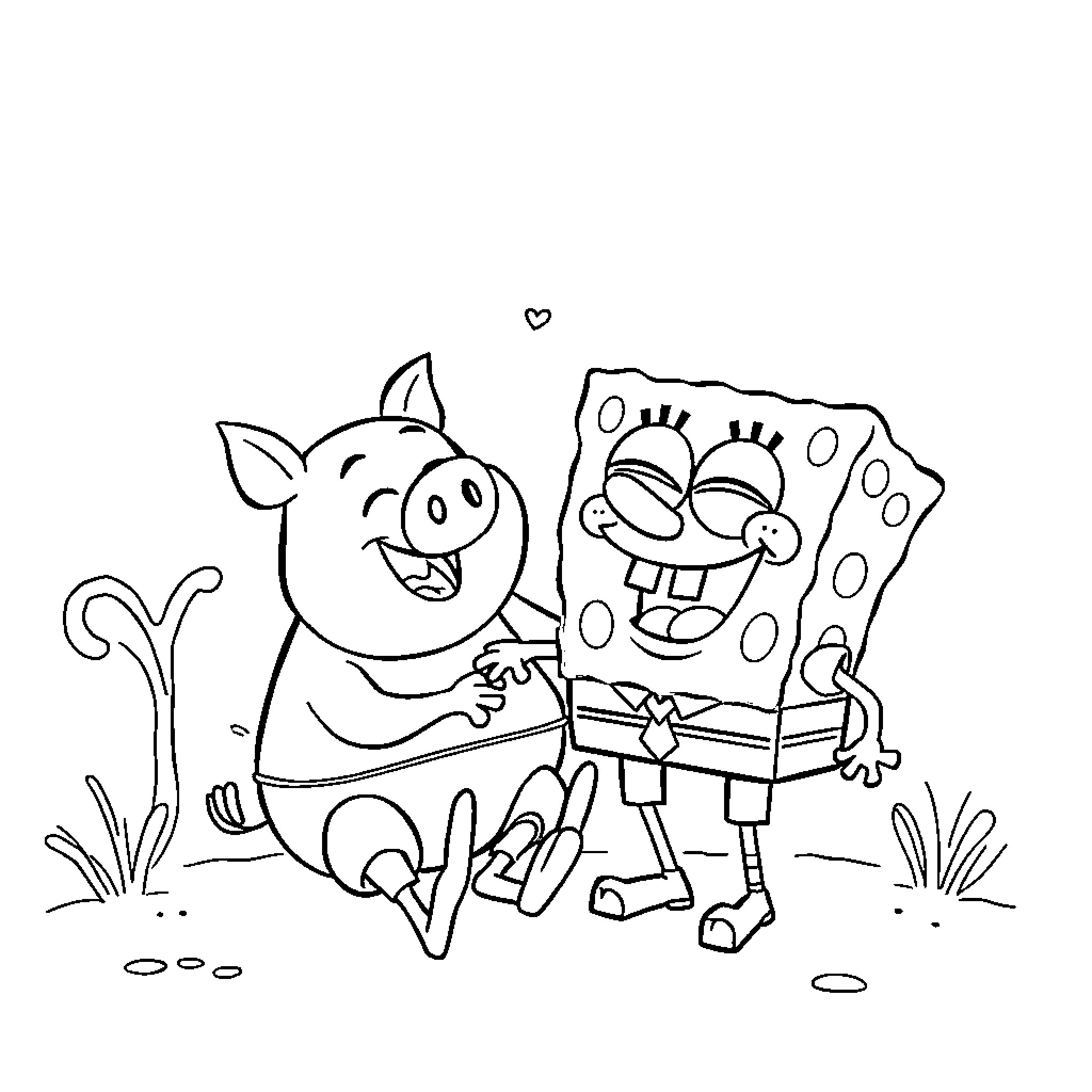 Daddy Pig and SpongeBob playing together happily Coloring Page (free black-and-white line drawing printable PDF for all, from beginners to advanced learners, including children, teens, adults, and seniors)