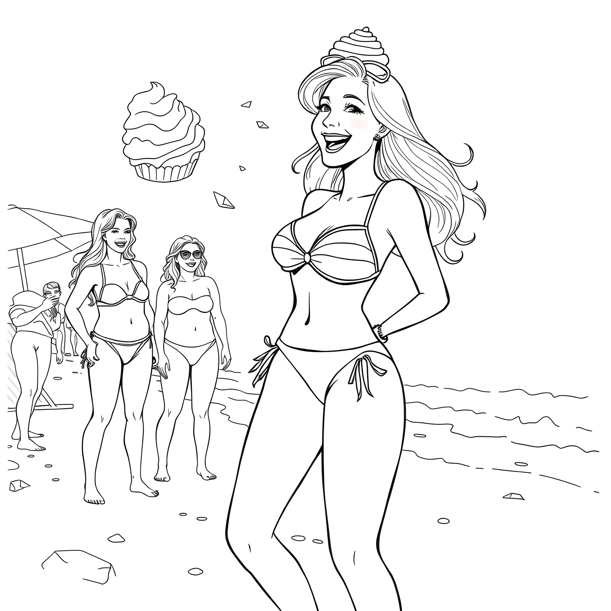 Blonde Woman Enjoying Summer Beach Scene Coloring Page (free black-and-white line drawing printable PDF for all, from beginners to advanced learners, including children, teens, adults, and seniors)