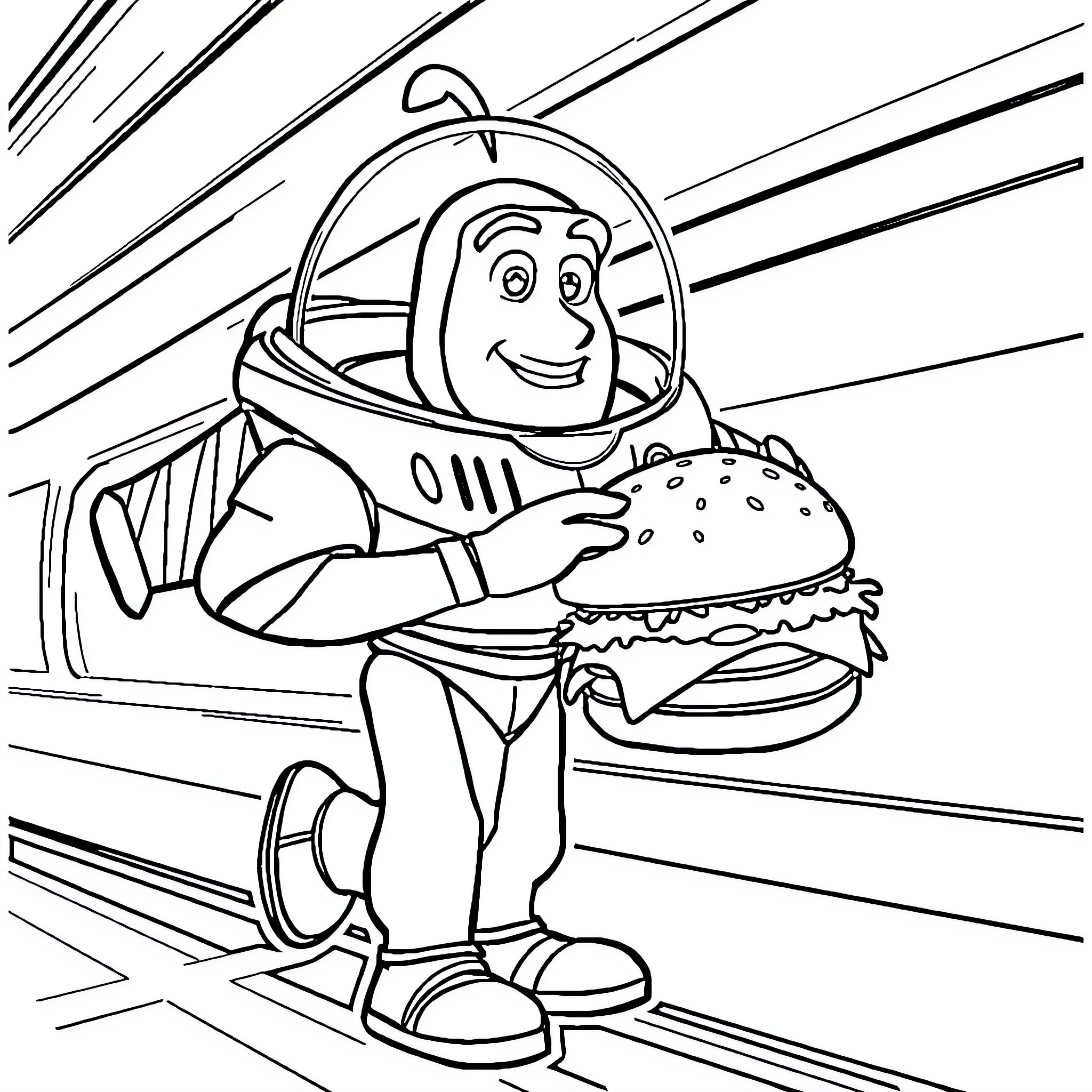 Buzz Enjoying a Tasty Treat Coloring Page (free black-and-white line drawing printable PDF for all, from beginners to advanced learners, including children, teens, adults, and seniors)
