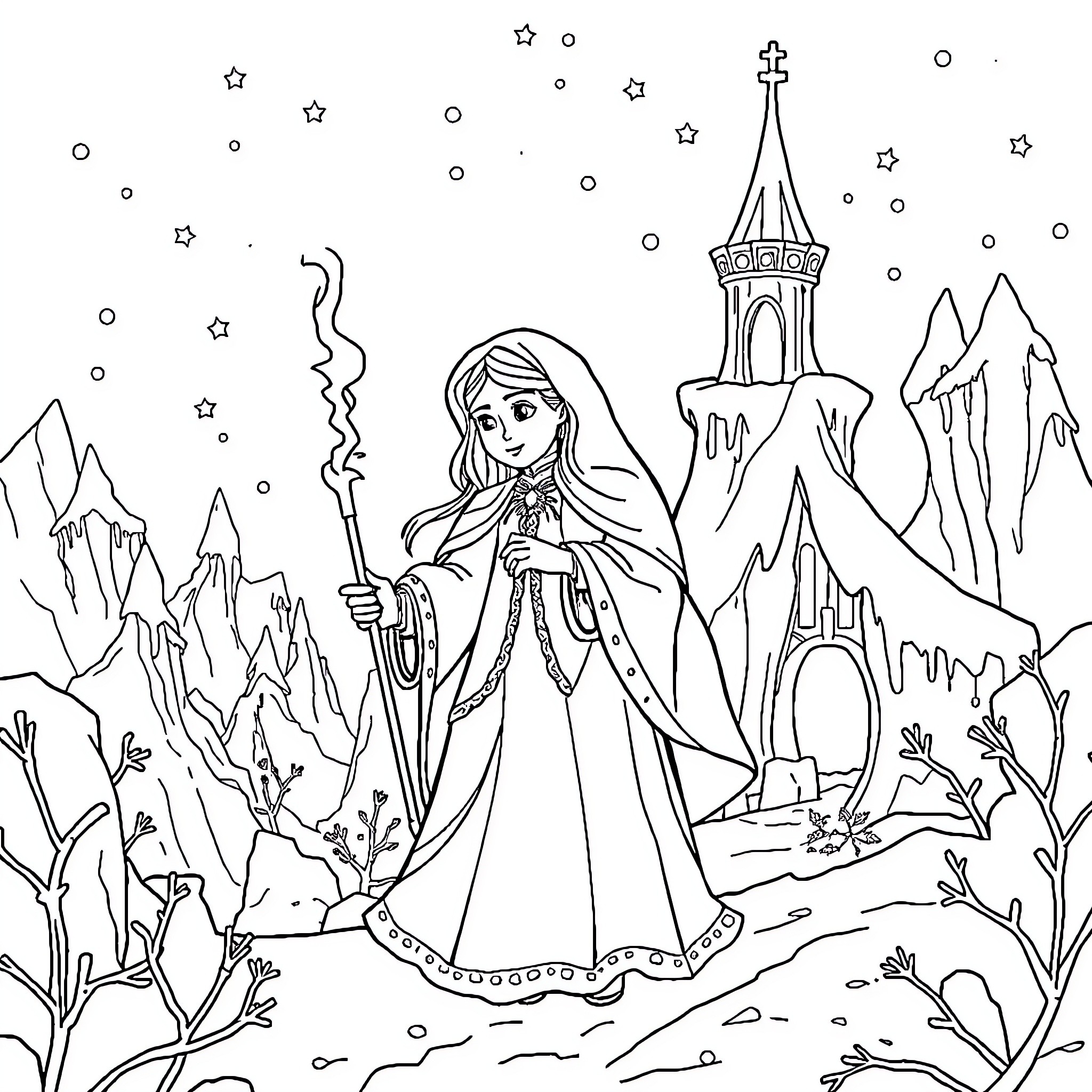 Snow Queen walking with staff through winter wonderland Coloring Page (free black-and-white line drawing printable PDF for all, from beginners to advanced learners, including children, teens, adults, and seniors)