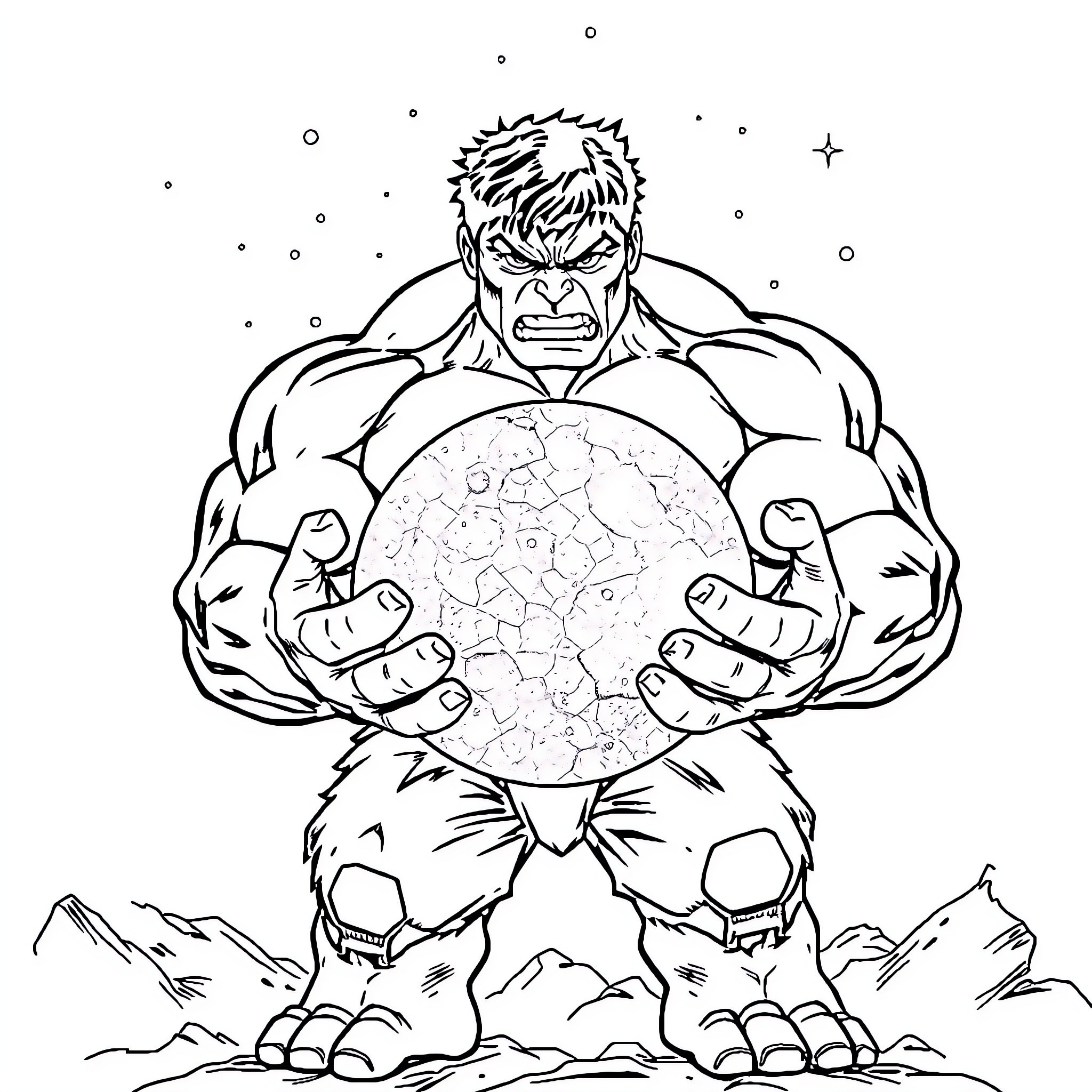 Hulk Holding Powerful Cosmic Sphere Amidst Cosmic Landscape Coloring Page (free black-and-white line drawing printable PDF for all, from beginners to advanced learners, including children, teens, adults, and seniors)