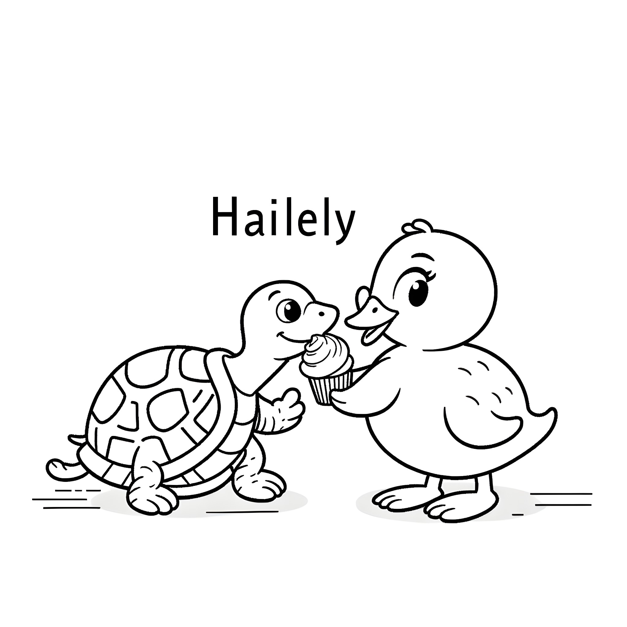 Turtle sharing a cupcake with a duck Coloring Page (free black-and-white line drawing printable PDF for all, from beginners to advanced learners, including children, teens, adults, and seniors)