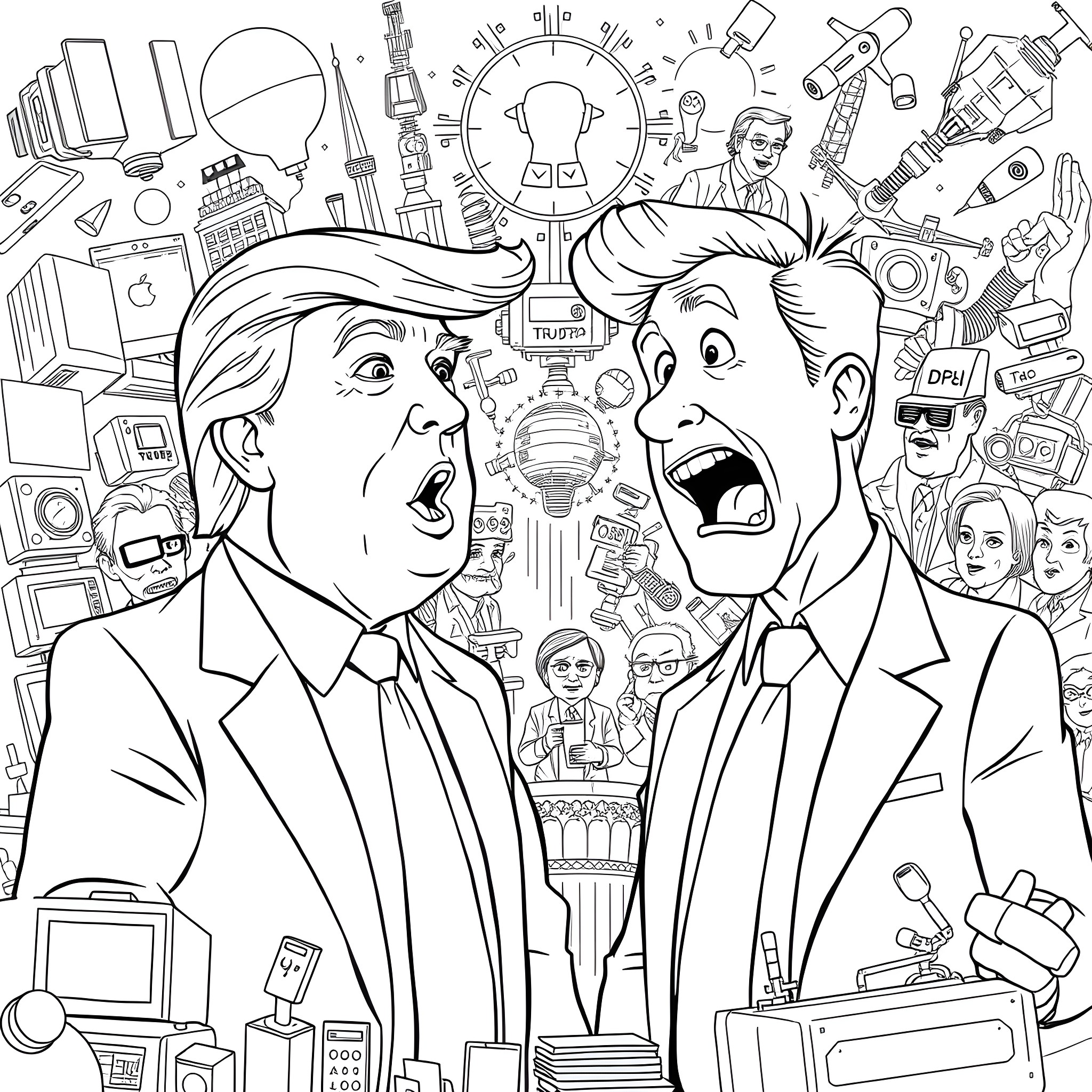 Donald Trump and Joe Biden in a heated debate surrounded by political and technology symbols Coloring Page (free black-and-white line drawing printable PDF for all, from beginners to advanced learners, including children, teens, adults, and seniors)