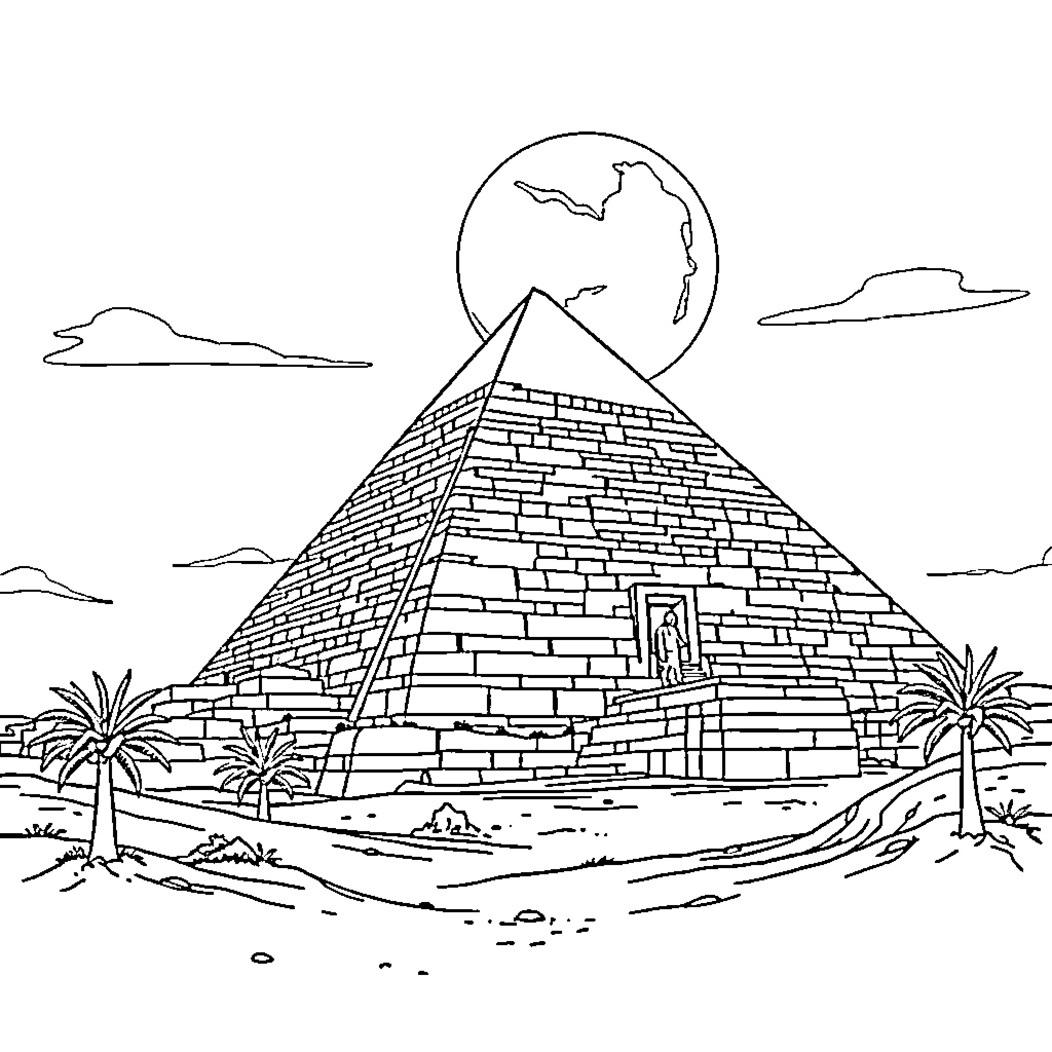 Pyramid Silhouette Against Moonlit Desert Landscape Coloring Page (free black-and-white line drawing printable PDF for all, from beginners to advanced learners, including children, teens, adults, and seniors)