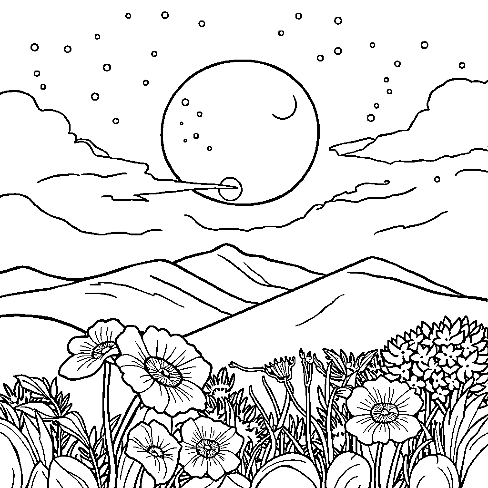 فلة نجوم منظر ليلي جميل بالزهور Coloring Page (free black-and-white line drawing printable PDF for all, from beginners to advanced learners, including children, teens, adults, and seniors)