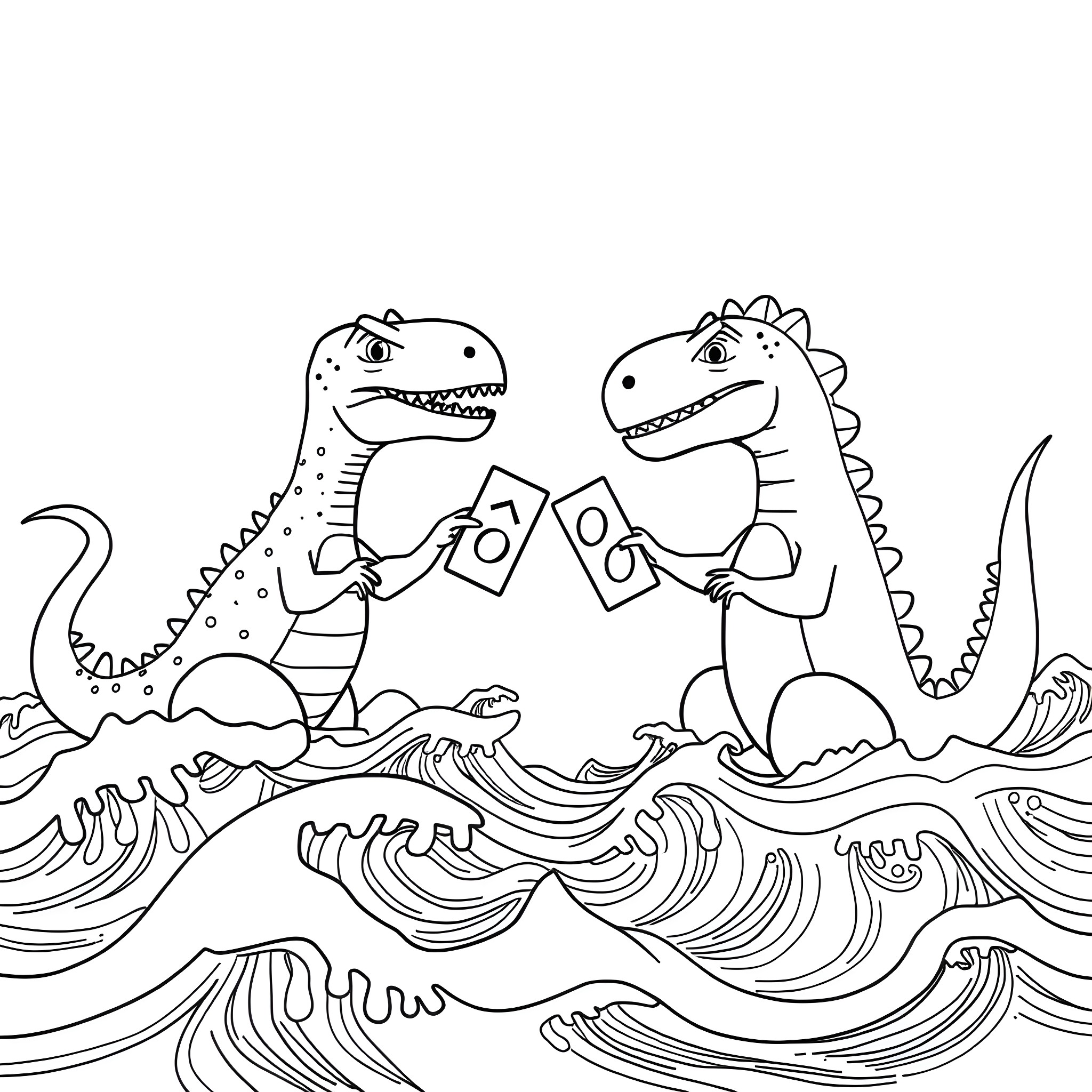 Plesiosaurus dinosaurs playing with toys in the ocean Coloring Page (free black-and-white line drawing printable PDF for all, from beginners to advanced learners, including children, teens, adults, and seniors)