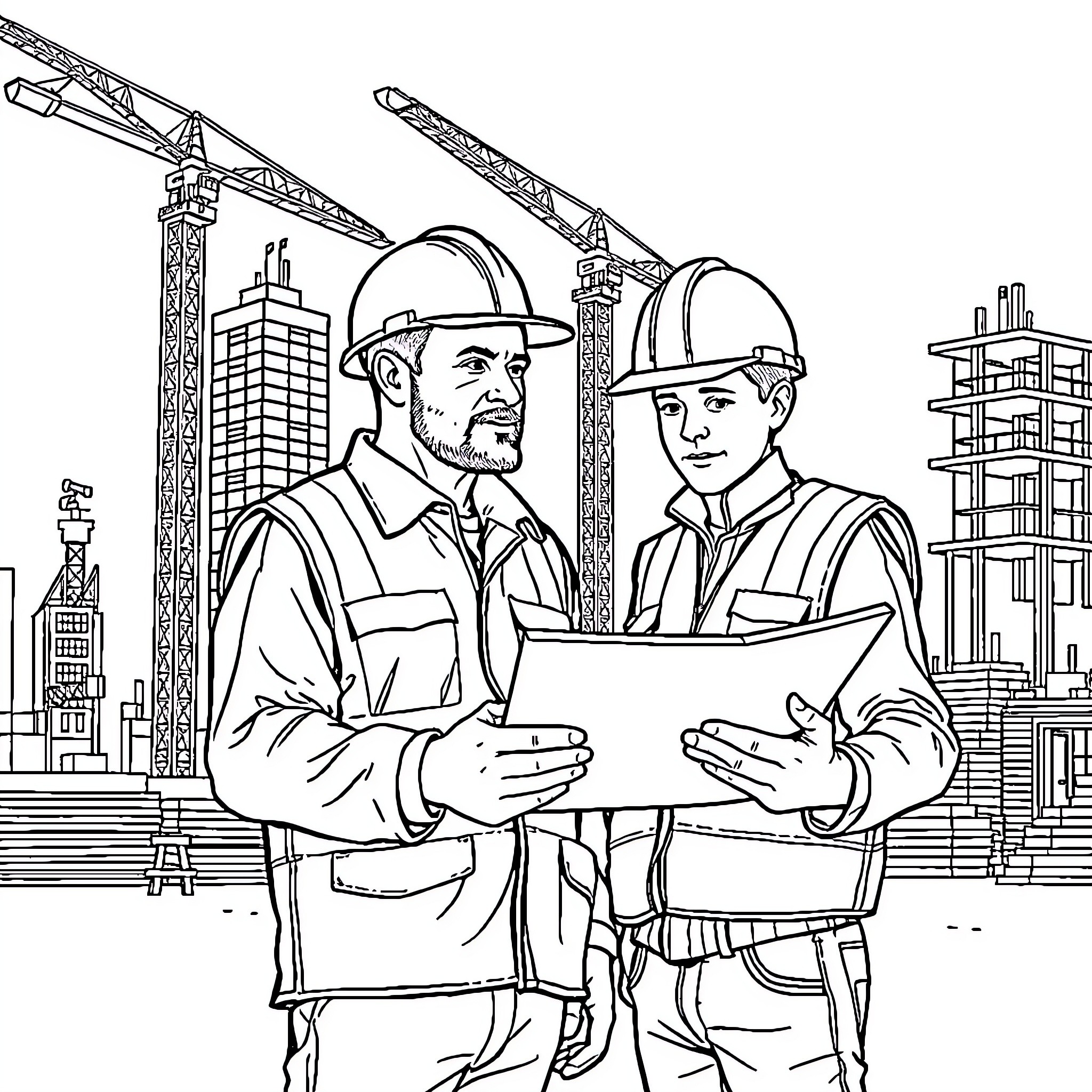 Foremen Overseeing Construction Site Progress Coloring Page (free black-and-white line drawing printable PDF for all, from beginners to advanced learners, including children, teens, adults, and seniors)