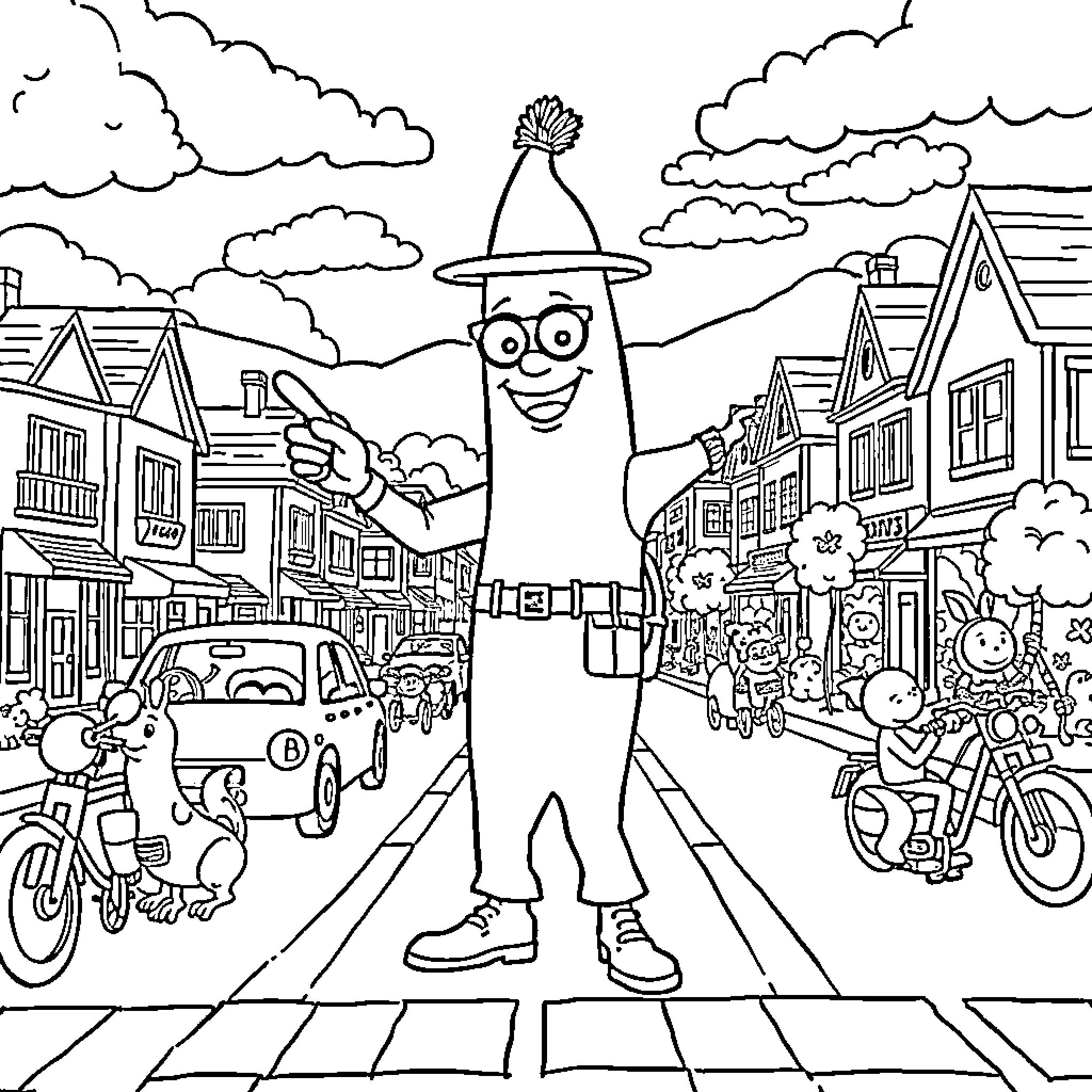 Banana Man explores a lively urban neighborhood Coloring Page (free black-and-white line drawing printable PDF for all, from beginners to advanced learners, including children, teens, adults, and seniors)