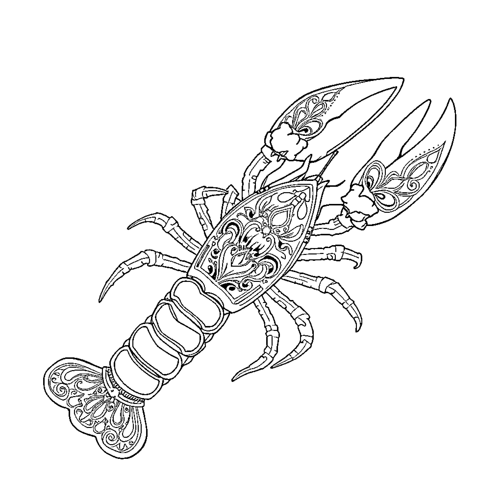 Lobster with intricate patterned design Coloring Page (free black-and-white line drawing printable PDF for all, from beginners to advanced learners, including children, teens, adults, and seniors)