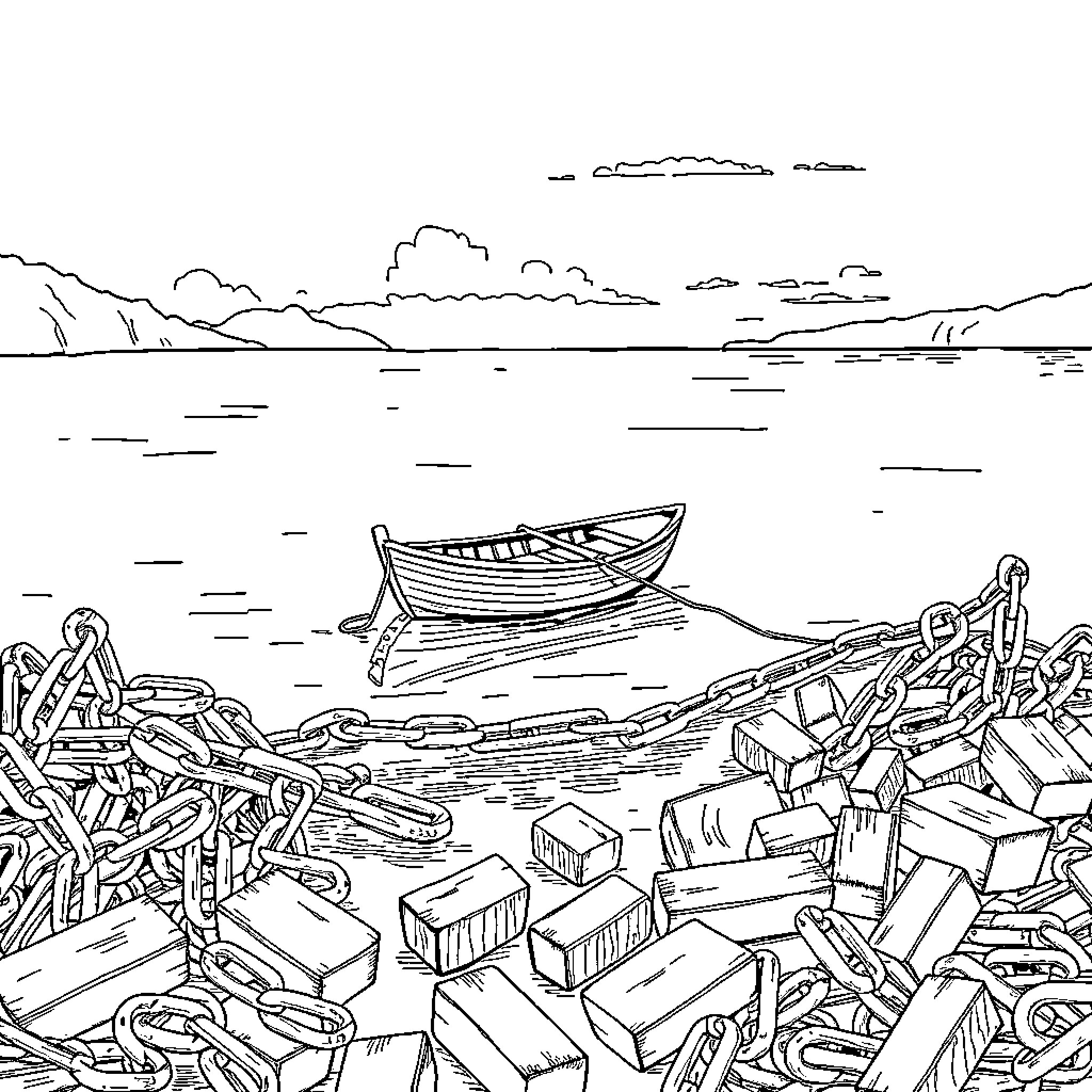 Row Boat Adrift in Debris Filled Waters Coloring Page (free black-and-white line drawing printable PDF for all, from beginners to advanced learners, including children, teens, adults, and seniors)