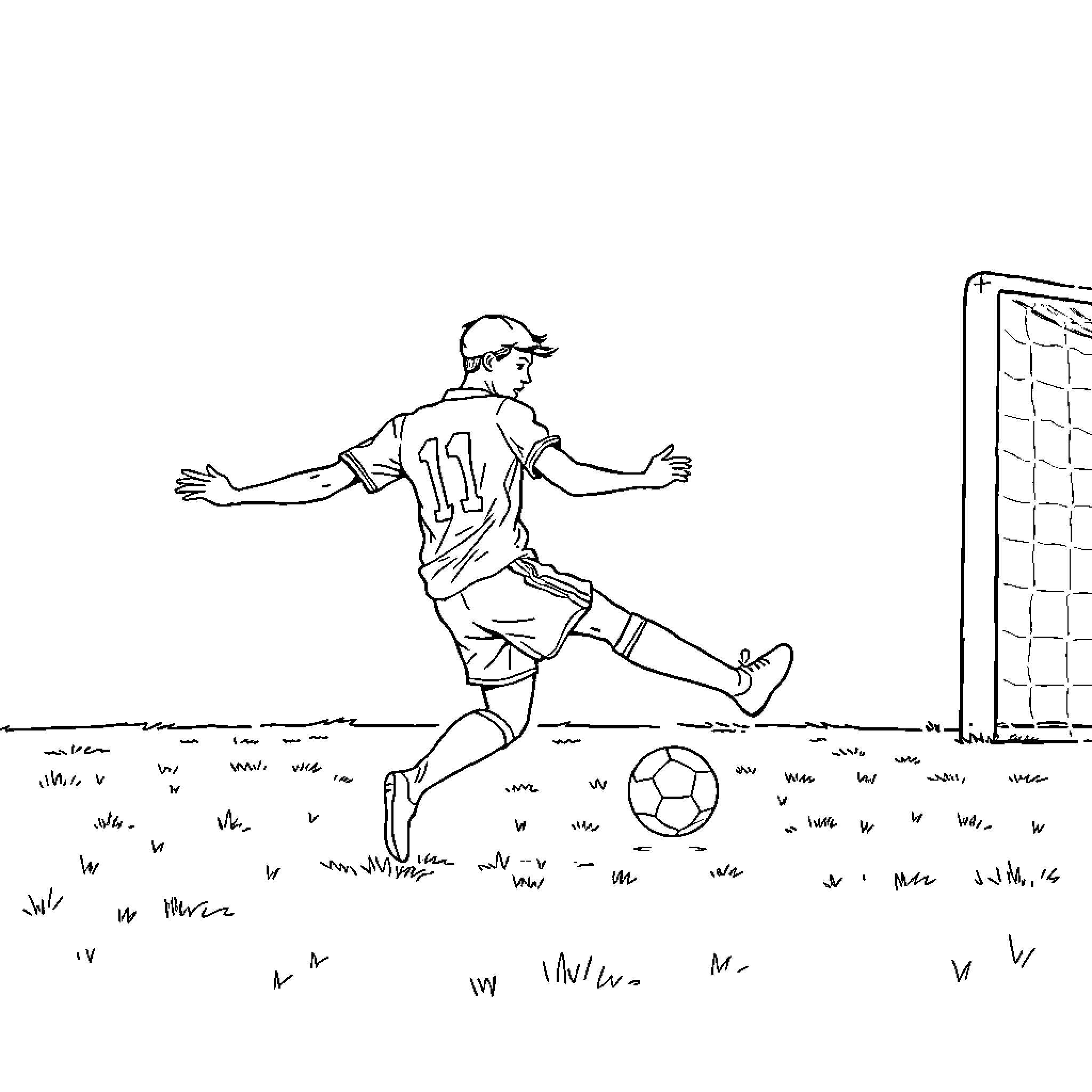 Football Player Celebrating a Goal in a Match Coloring Page (free black-and-white line drawing printable PDF for all, from beginners to advanced learners, including children, teens, adults, and seniors)