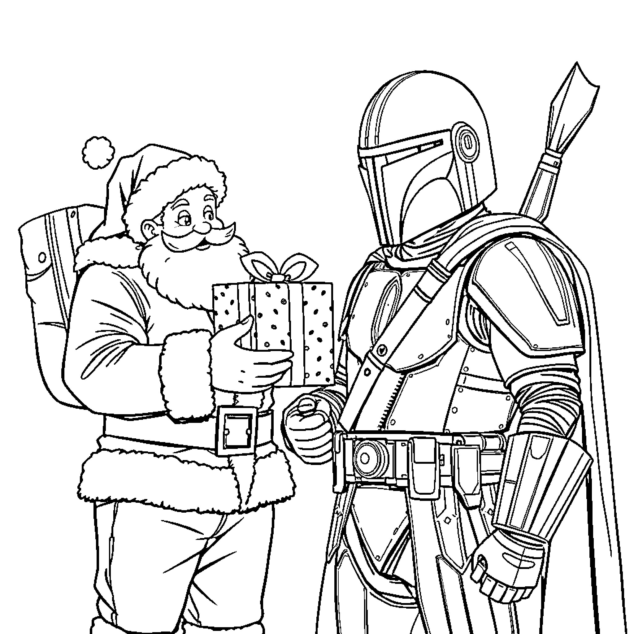 Santa and Bounty Hunter Enjoy Holiday Coloring Page (free black-and-white line drawing printable PDF for all, from beginners to advanced learners, including children, teens, adults, and seniors)