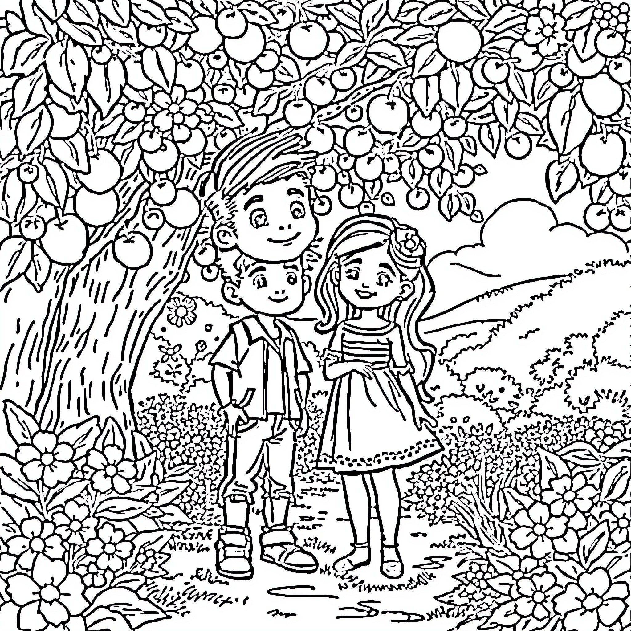 Adán y Eva en un jardín florido Coloring Page (free black-and-white line drawing printable PDF for all, from beginners to advanced learners, including children, teens, adults, and seniors)