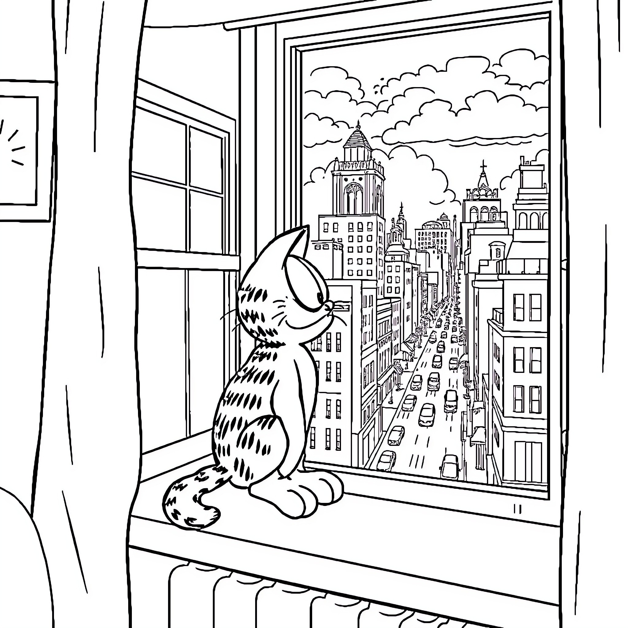 Garfield Admiring the City View Through the Window Coloring Page (free black-and-white line drawing printable PDF for all, from beginners to advanced learners, including children, teens, adults, and seniors)