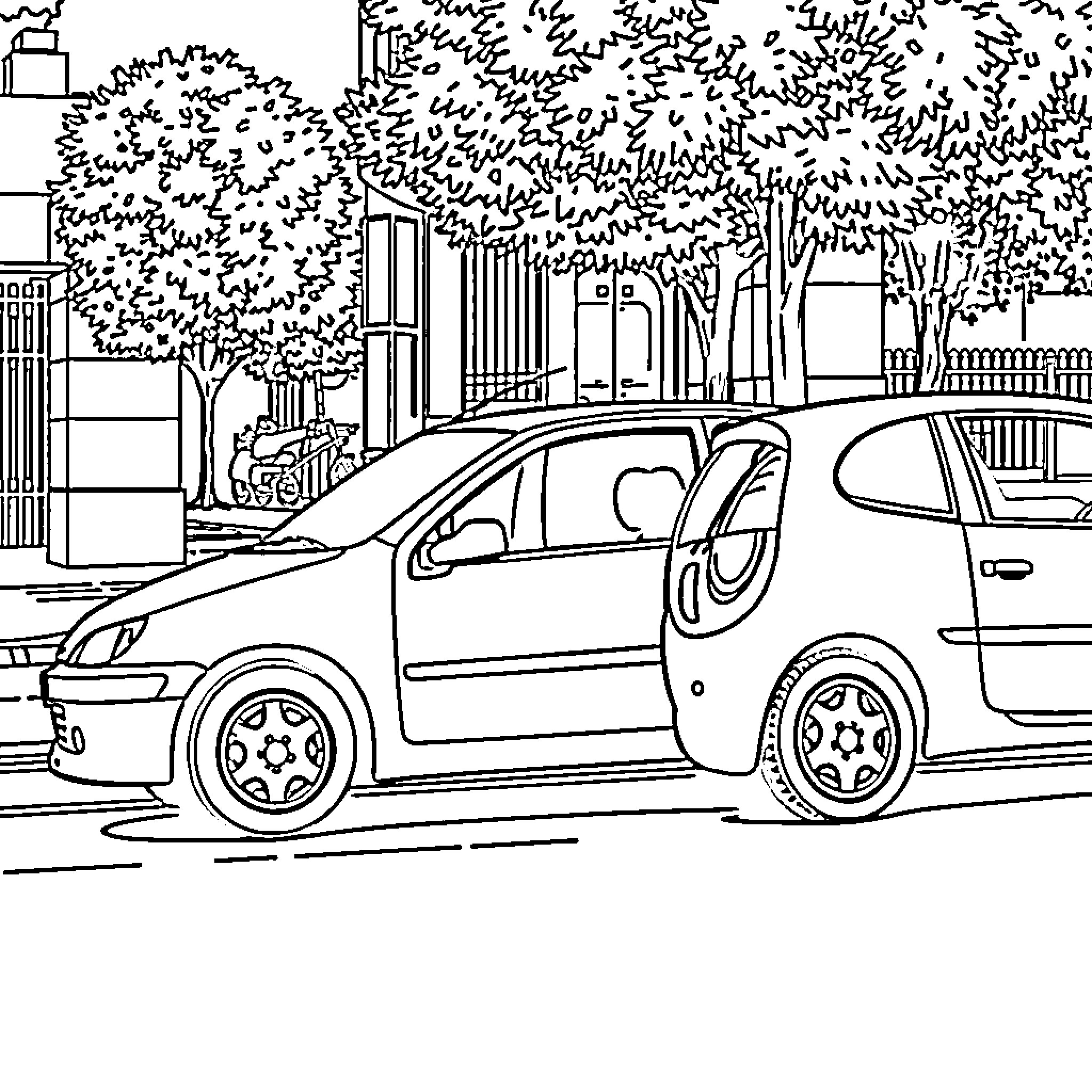 Peugeot vehicle parked on city street Coloring Page (free black-and-white line drawing printable PDF for all, from beginners to advanced learners, including children, teens, adults, and seniors)