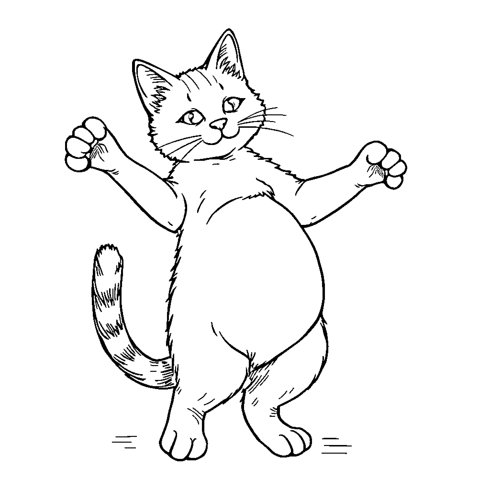 Cat Stretching Playfully Coloring Page (free black-and-white line drawing printable PDF for all, from beginners to advanced learners, including children, teens, adults, and seniors)