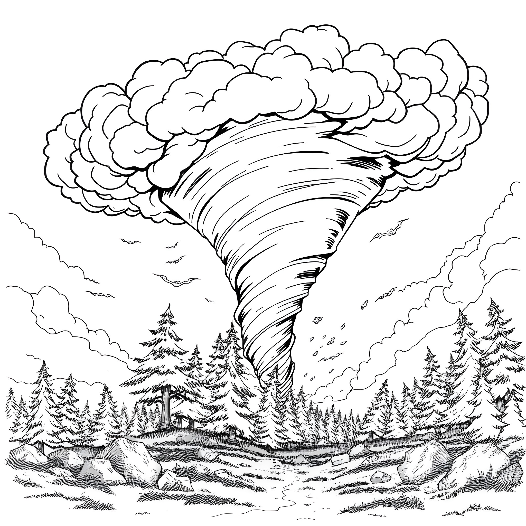 Tornado swirling over the forest landscape Coloring Page (free black-and-white line drawing printable PDF for all, from beginners to advanced learners, including children, teens, adults, and seniors)