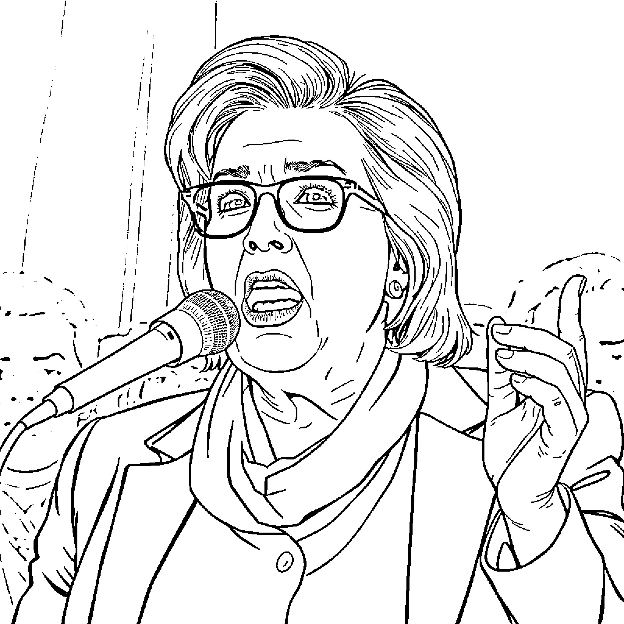 Marine Le Pen Giving an Impassioned Speech Coloring Page (free black-and-white line drawing printable PDF for all, from beginners to advanced learners, including children, teens, adults, and seniors)
