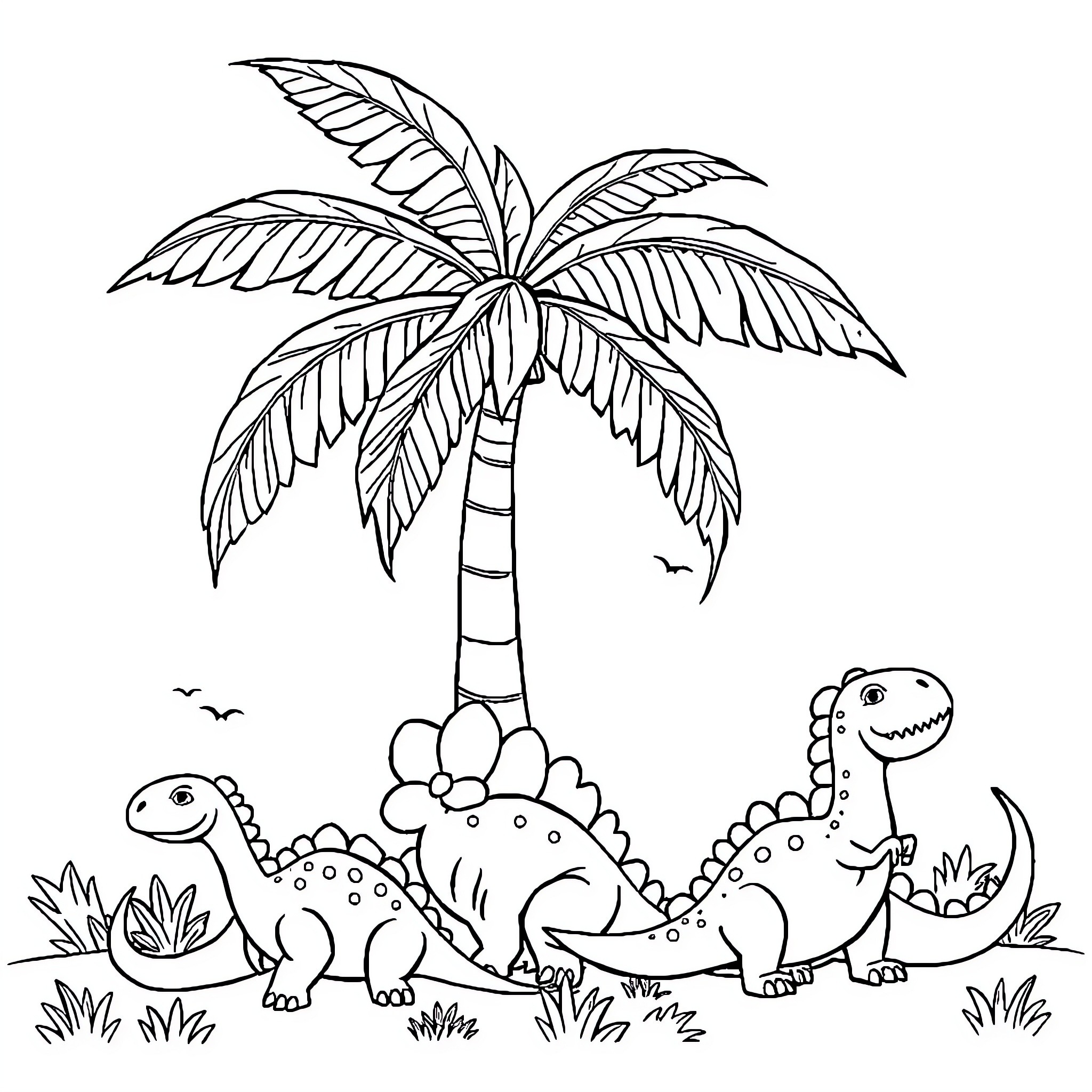 Dinosaurs playing in a tropical setting Coloring Page (free black-and-white line drawing printable PDF for all, from beginners to advanced learners, including children, teens, adults, and seniors)