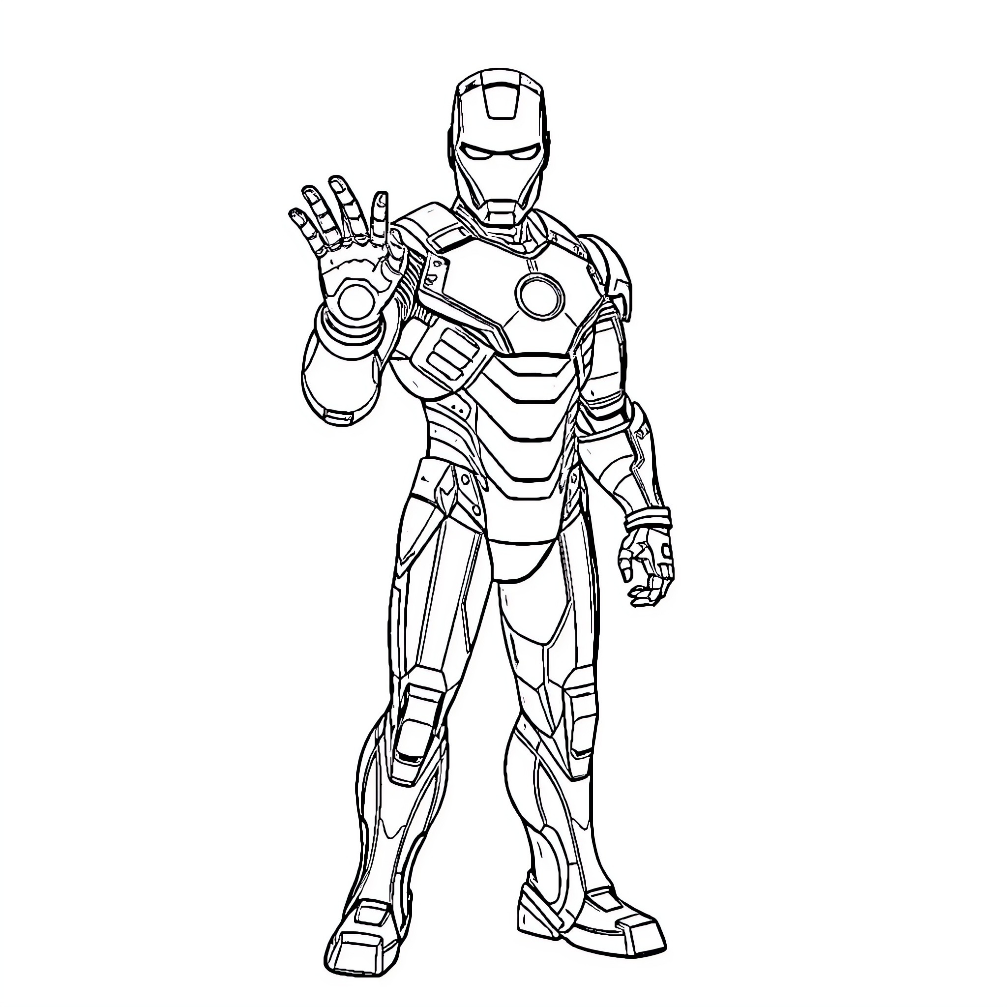 Iron Man standing in heroic pose Coloring Page (free black-and-white line drawing printable PDF for all, from beginners to advanced learners, including children, teens, adults, and seniors)