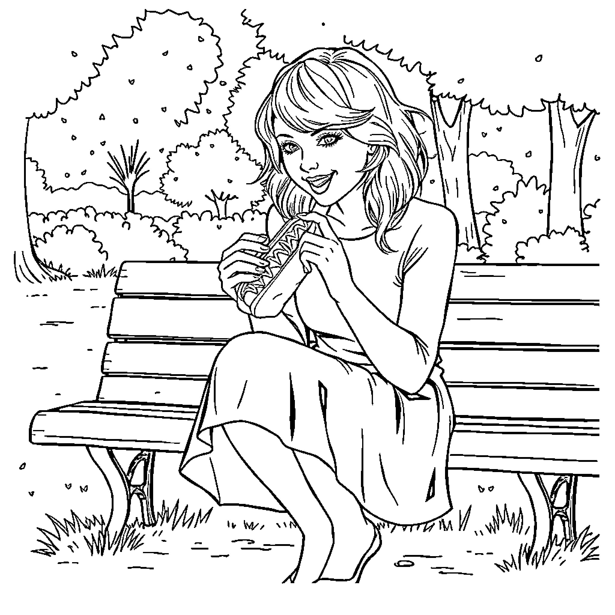 Taylor Swift enjoying a peaceful moment on a park bench Coloring Page (free black-and-white line drawing printable PDF for all, from beginners to advanced learners, including children, teens, adults, and seniors)