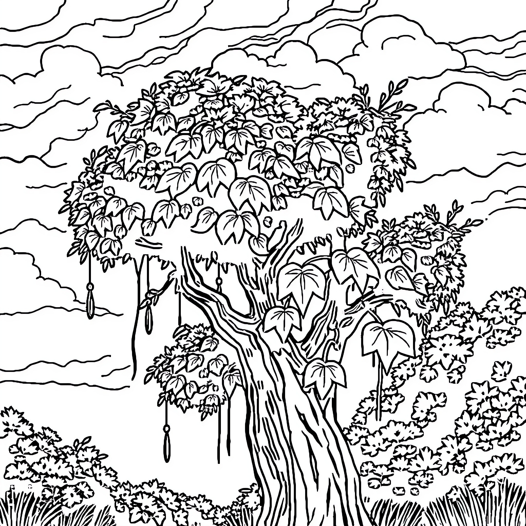 Tree standing tall in the cloudy forest Coloring Page (free black-and-white line drawing printable PDF for all, from beginners to advanced learners, including children, teens, adults, and seniors)