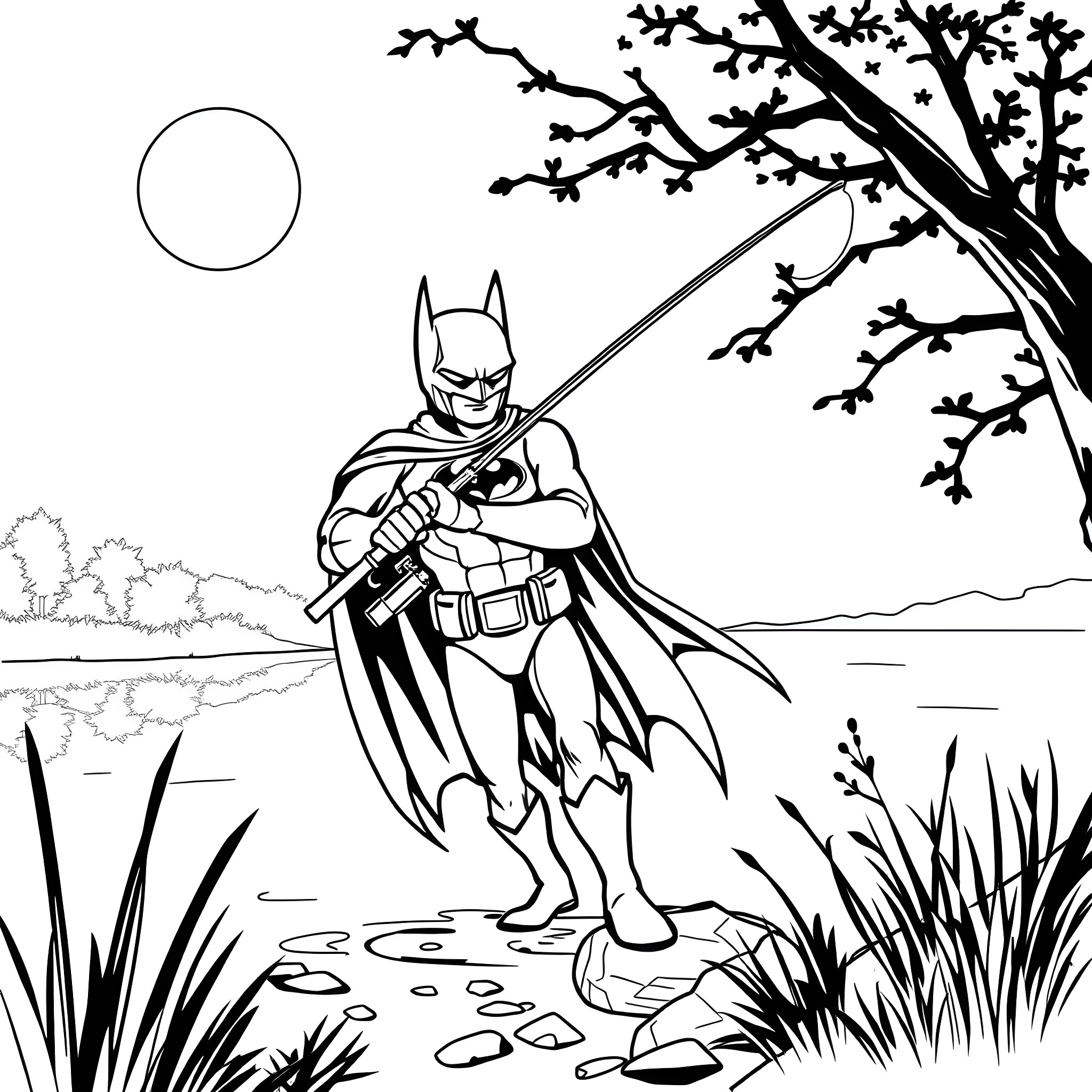 Fish Hero Protecting Nature in Moonlight Coloring Page (free black-and-white line drawing printable PDF for all, from beginners to advanced learners, including children, teens, adults, and seniors)