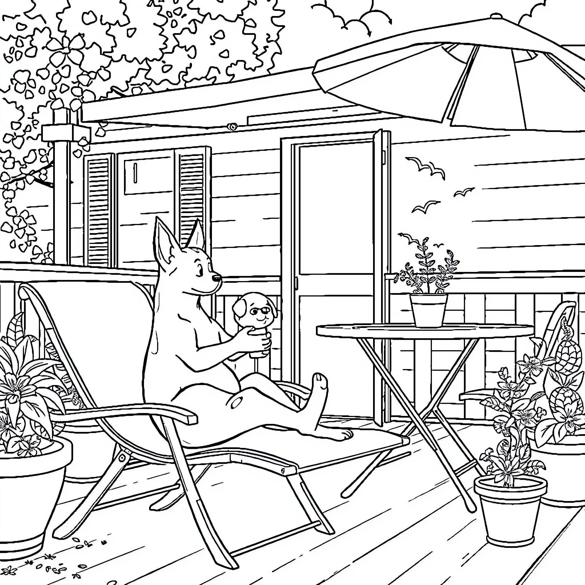 Spider relaxing on a patio with pet dog Coloring Page (free black-and-white line drawing printable PDF for all, from beginners to advanced learners, including children, teens, adults, and seniors)