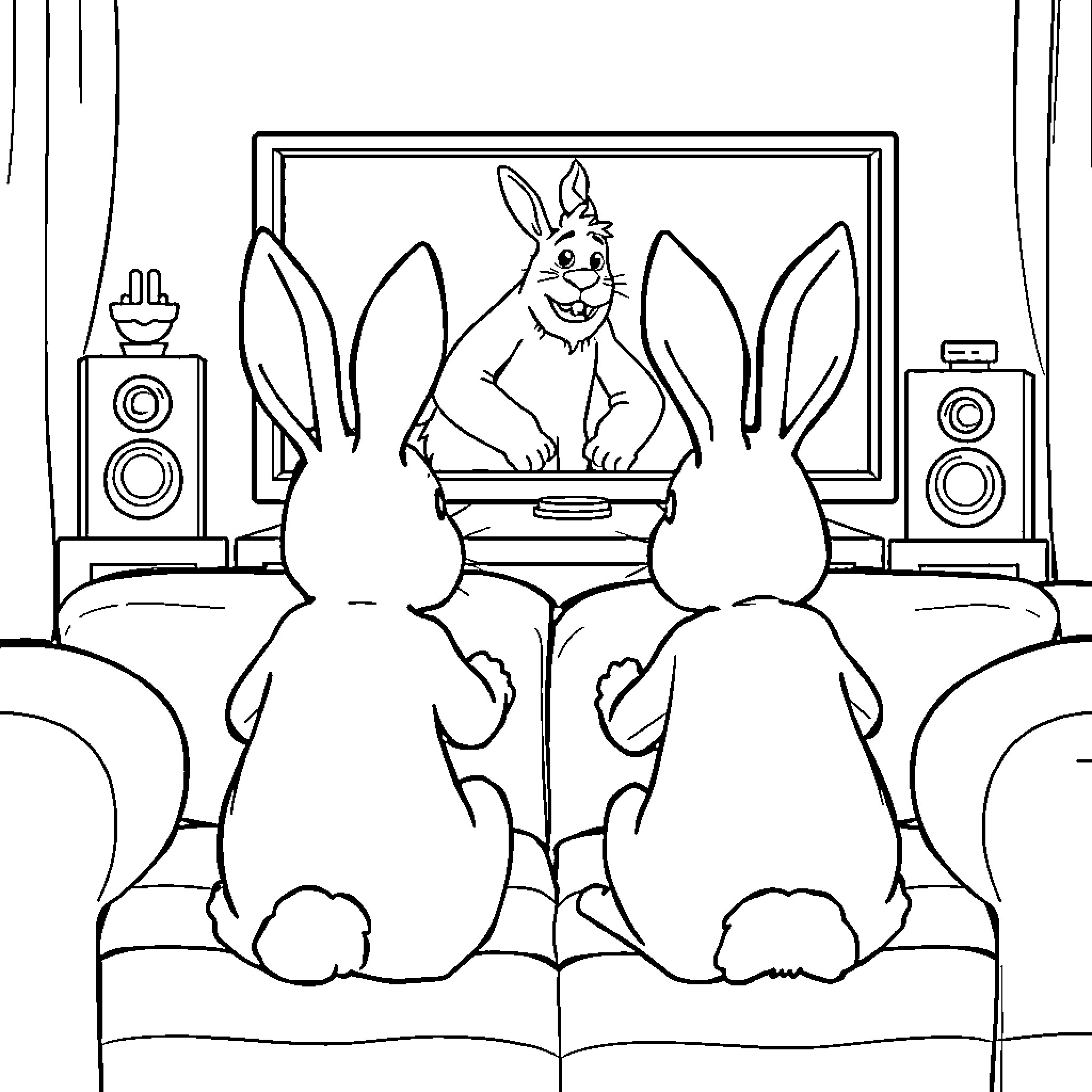 Rabbit friends watching TV together Coloring Page (free black-and-white line drawing printable PDF for all, from beginners to advanced learners, including children, teens, adults, and seniors)