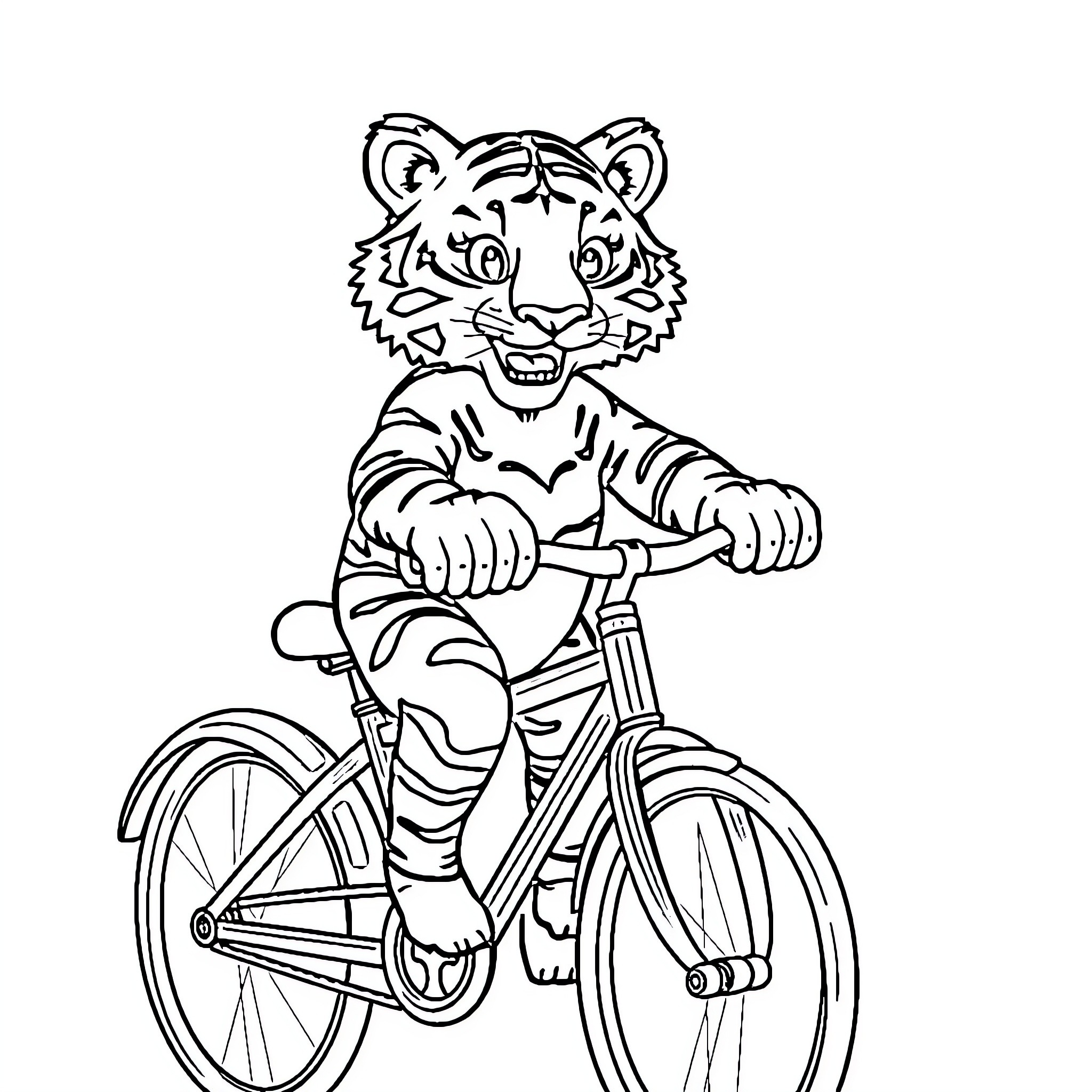 Tiger riding a bicycle happily Coloring Page (free black-and-white line drawing printable PDF for all, from beginners to advanced learners, including children, teens, adults, and seniors)