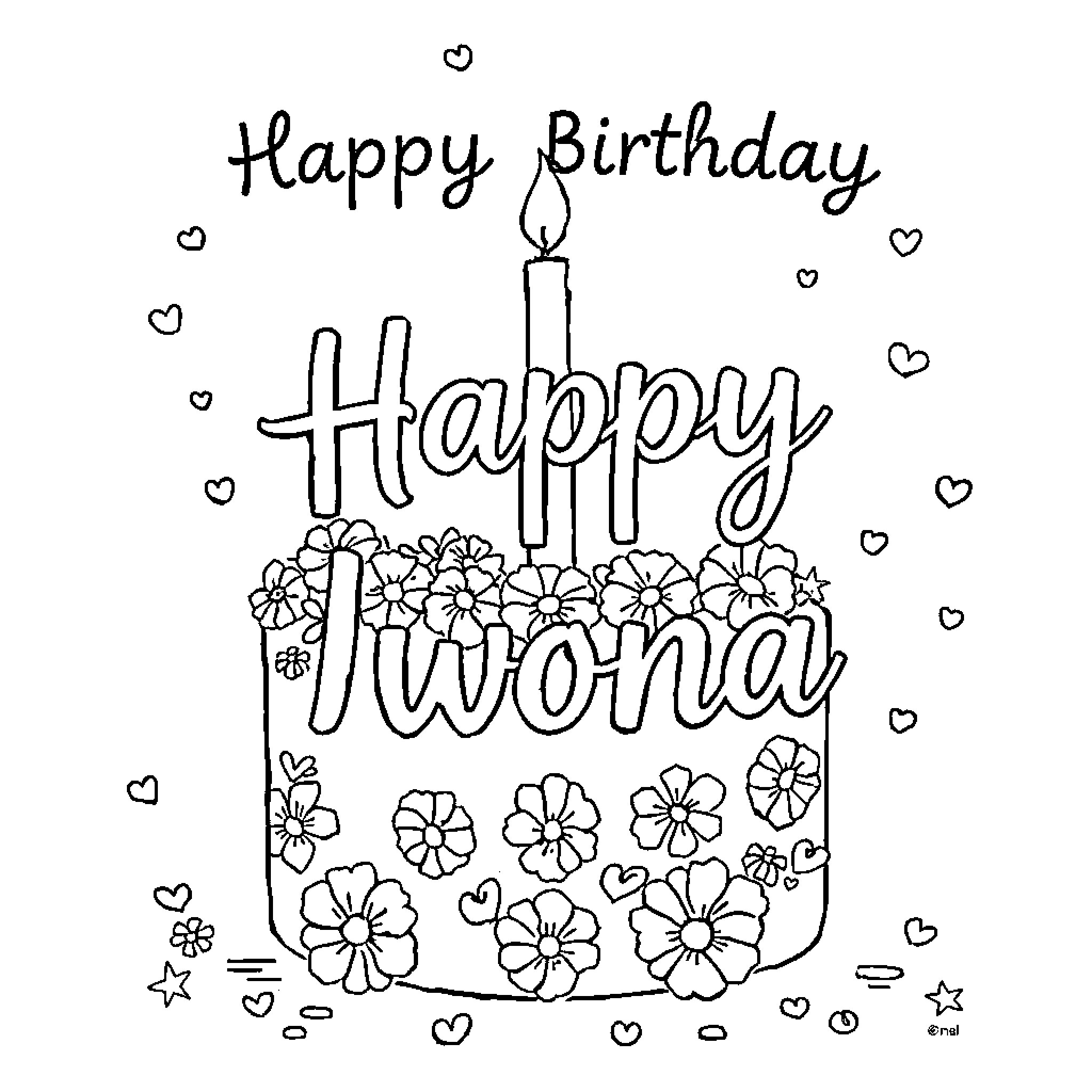 Birthday Cake and Flowers for Happy Twona Coloring Page (free black-and-white line drawing printable PDF for all, from beginners to advanced learners, including children, teens, adults, and seniors)