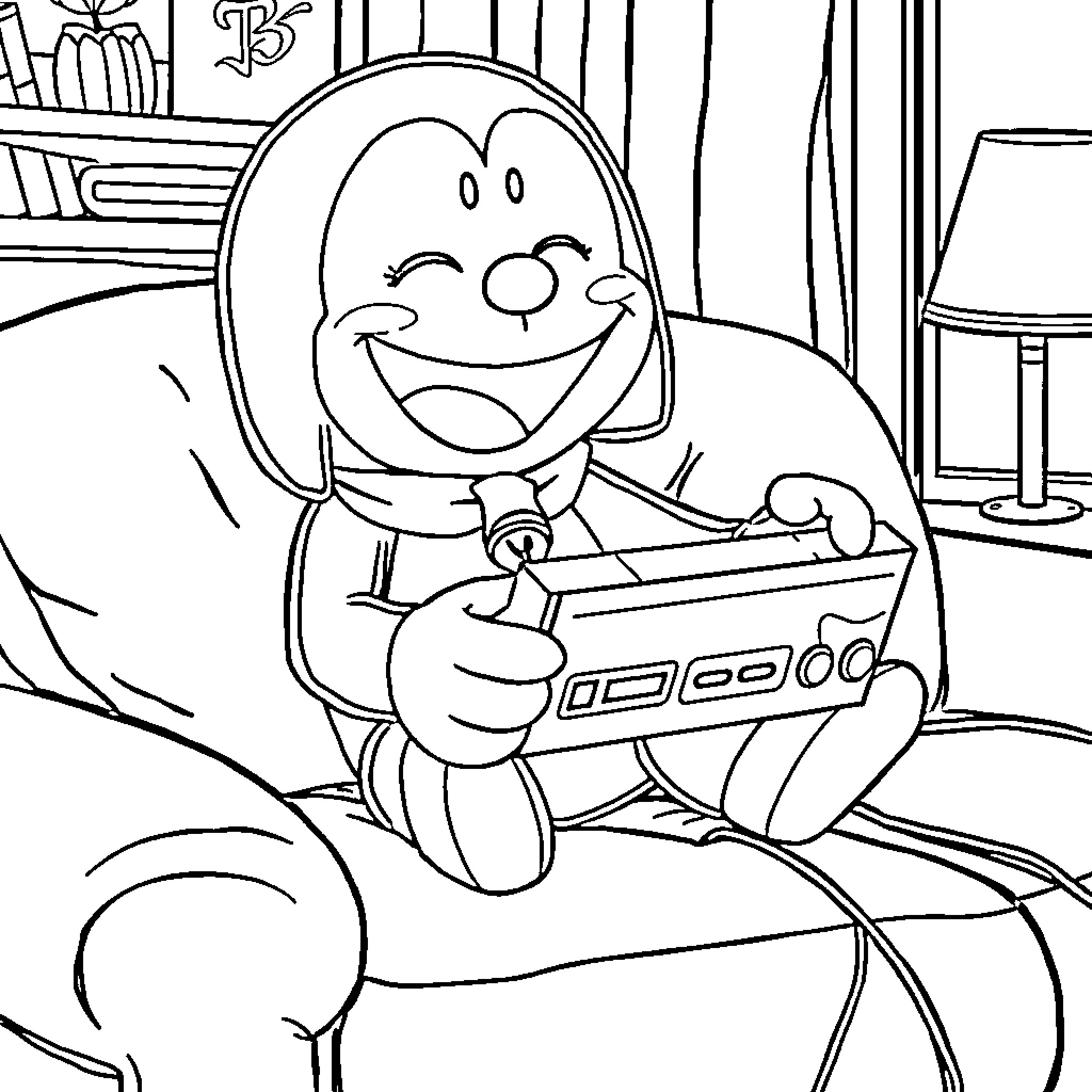 Goemon happily playing video games Coloring Page (free black-and-white line drawing printable PDF for all, from beginners to advanced learners, including children, teens, adults, and seniors)