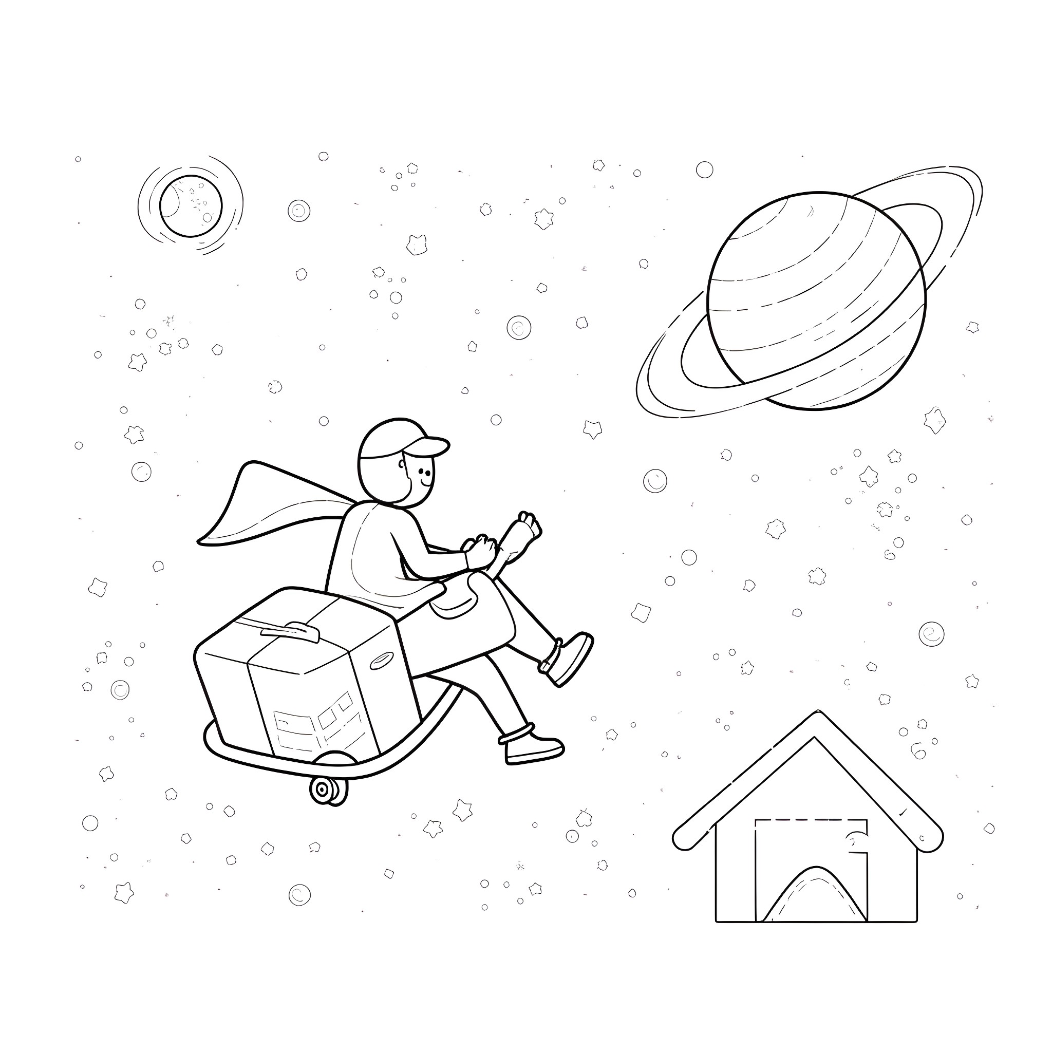 Amazon Driver delivers package amidst cosmic scene Coloring Page (free black-and-white line drawing printable PDF for all, from beginners to advanced learners, including children, teens, adults, and seniors)