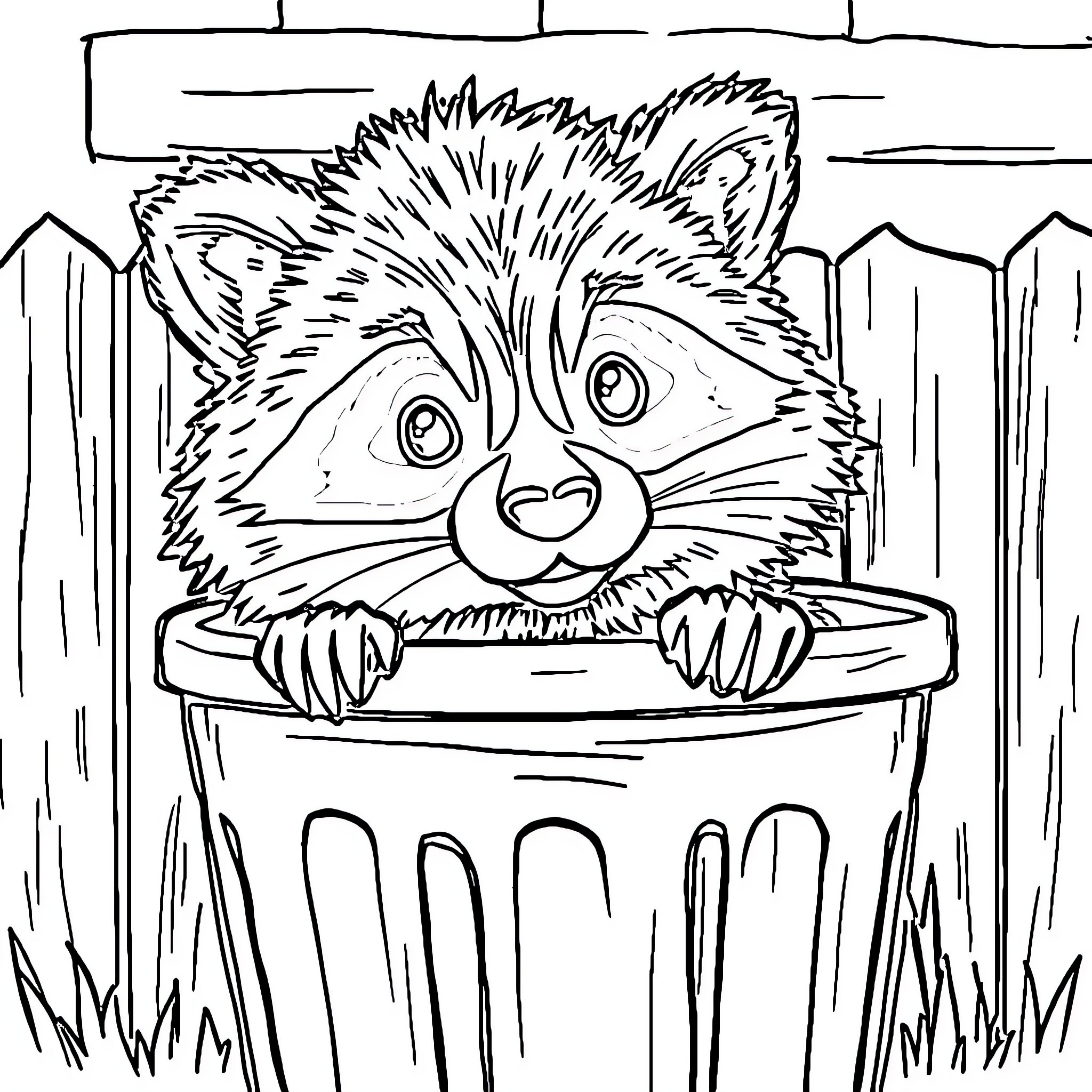 Raccoon peeking mischievously from behind a fence Coloring Page (free black-and-white line drawing printable PDF for all, from beginners to advanced learners, including children, teens, adults, and seniors)