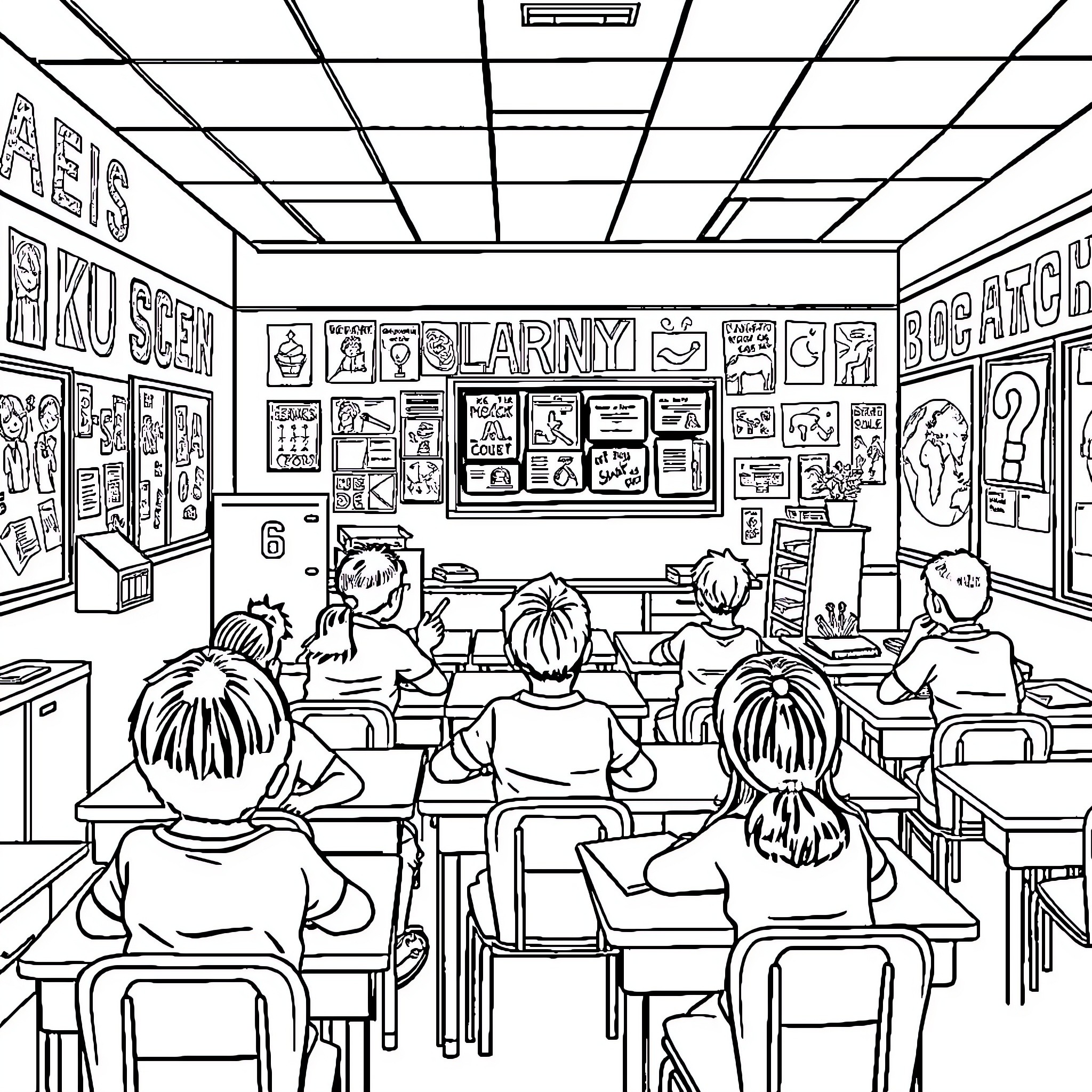 Classroom of students engaged in learning activities Coloring Page (free black-and-white line drawing printable PDF for all, from beginners to advanced learners, including children, teens, adults, and seniors)