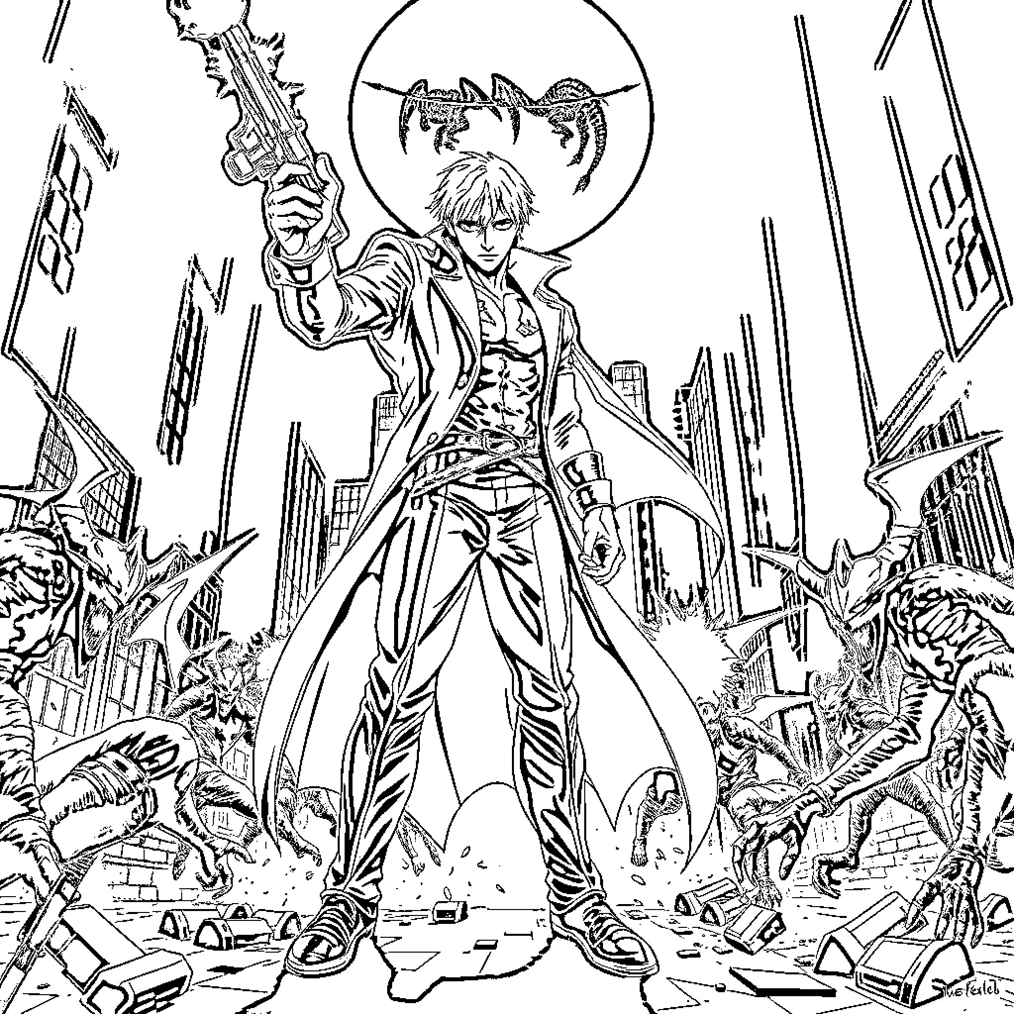 Dante's Daring Dystopian Adventure Coloring Page (free black-and-white line drawing printable PDF for all, from beginners to advanced learners, including children, teens, adults, and seniors)