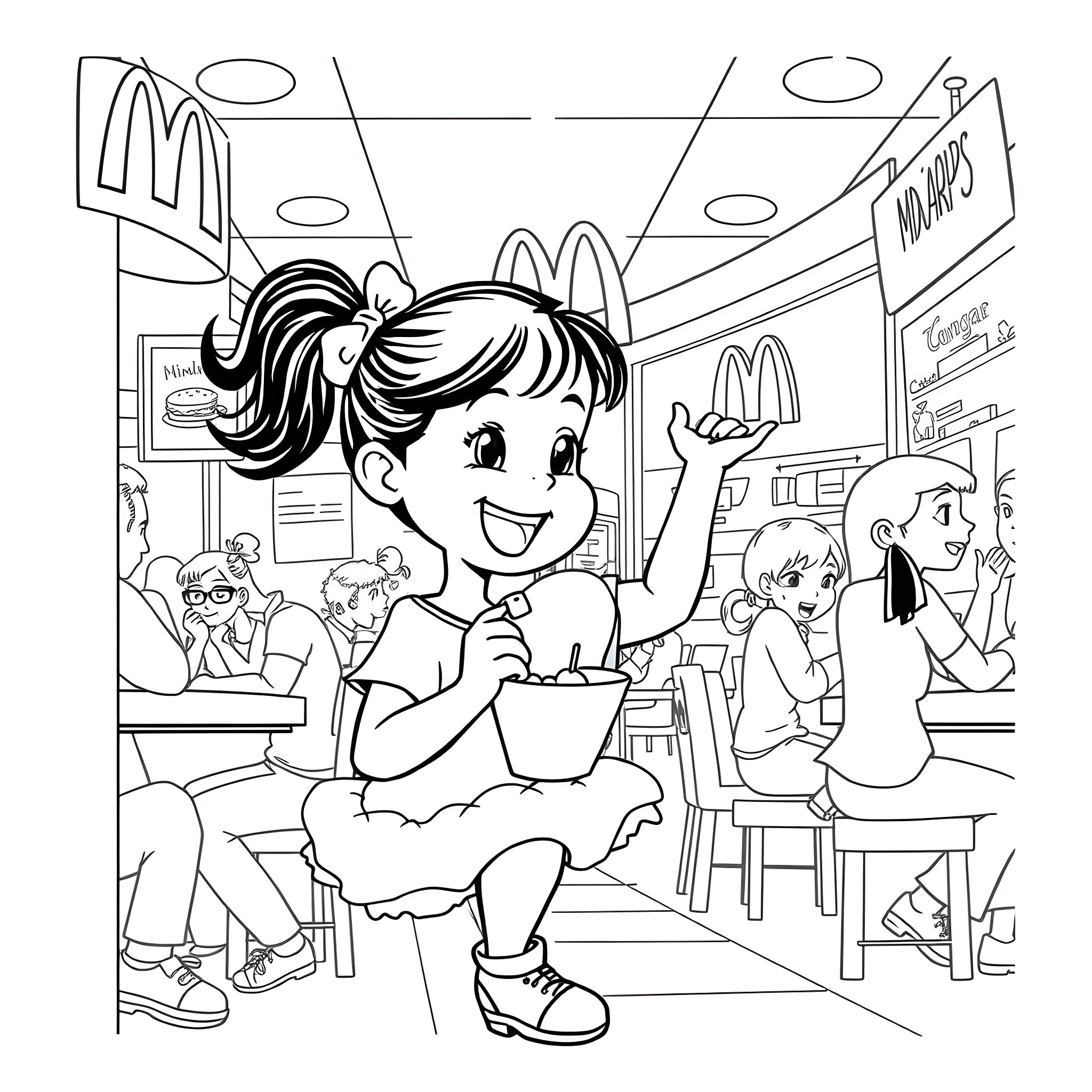 Girl enjoying a meal at a fast food restaurant Coloring Page (free black-and-white line drawing printable PDF for all, from beginners to advanced learners, including children, teens, adults, and seniors)