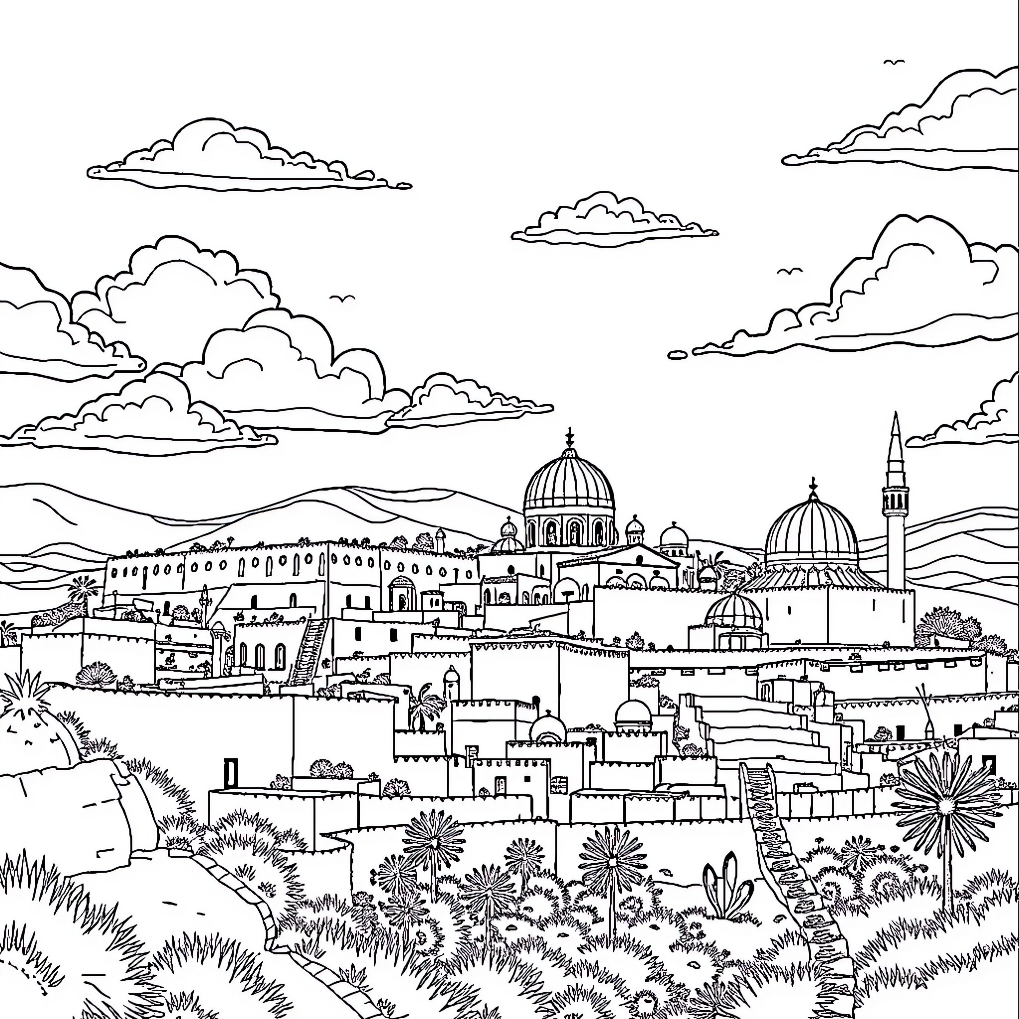 Palestine city landscape with iconic architecture and scenery Coloring Page (free black-and-white line drawing printable PDF for all, from beginners to advanced learners, including children, teens, adults, and seniors)
