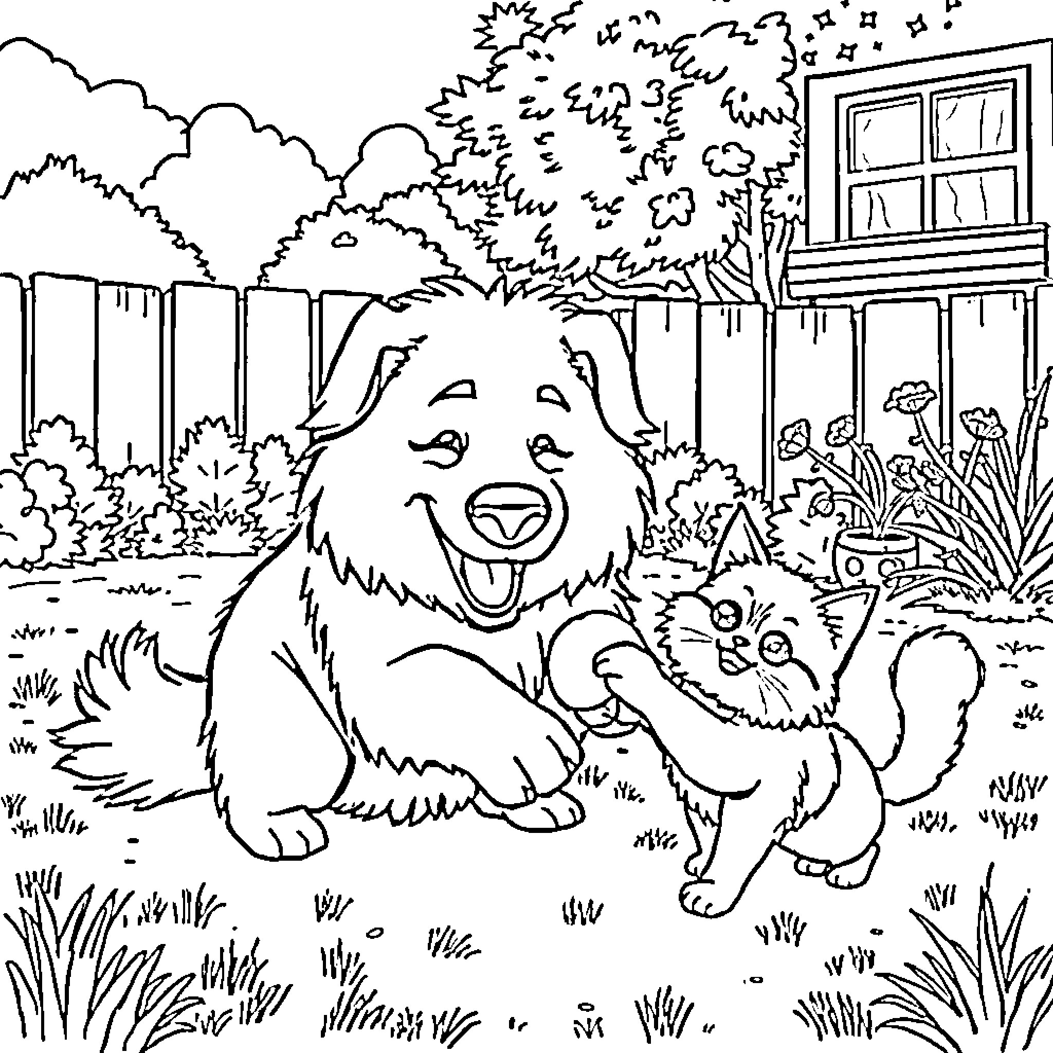 Great Pyrenees enjoying a playful day in the garden Coloring Page (free black-and-white line drawing printable PDF for all, from beginners to advanced learners, including children, teens, adults, and seniors)