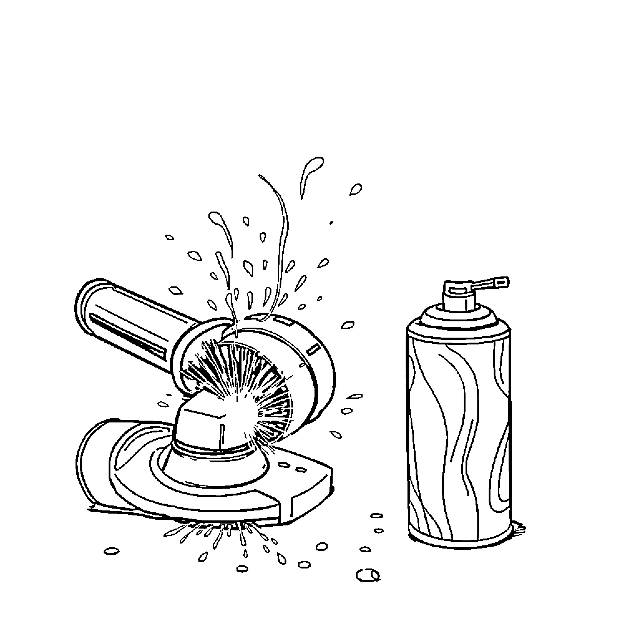 Angle Grinder Sparks and Spray Paint Coloring Page (free black-and-white line drawing printable PDF for all, from beginners to advanced learners, including children, teens, adults, and seniors)