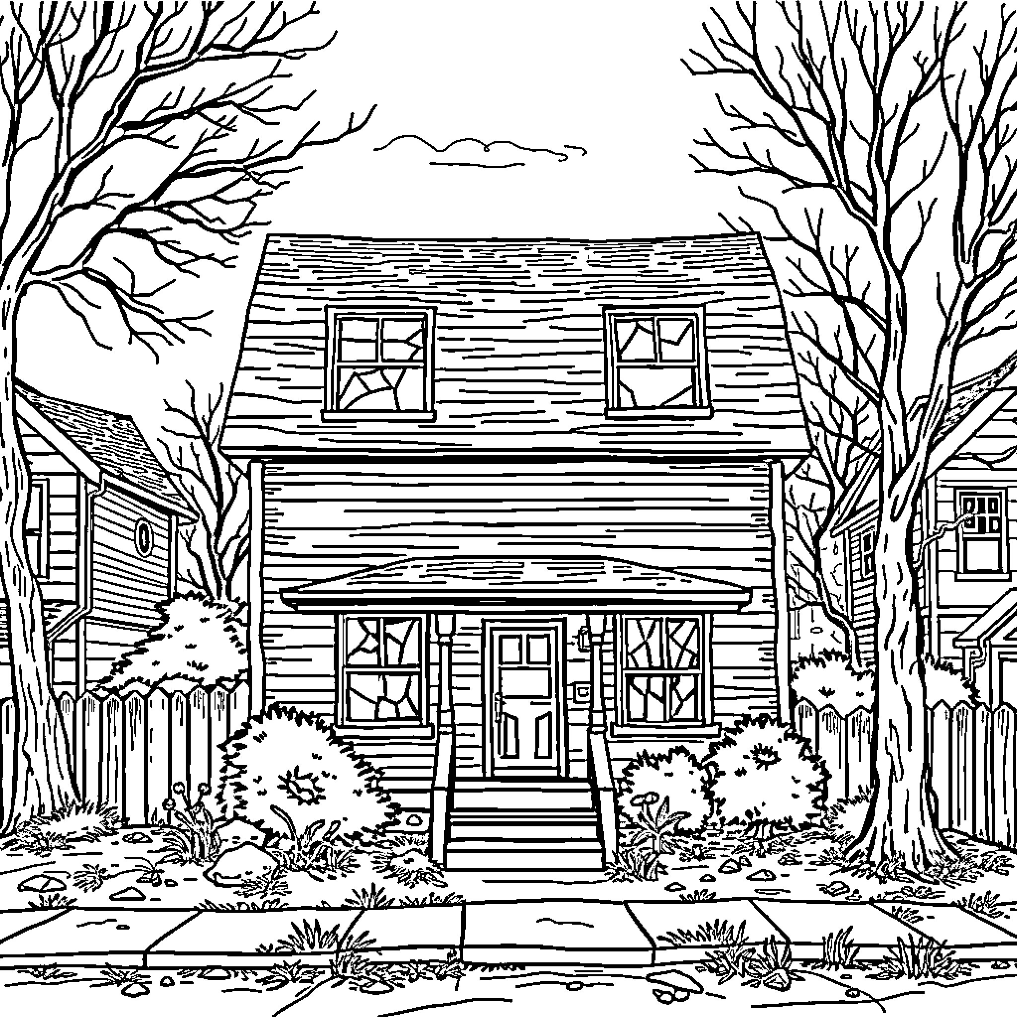 House with Bare Trees and Fenced Yard Coloring Page (free black-and-white line drawing printable PDF for all, from beginners to advanced learners, including children, teens, adults, and seniors)
