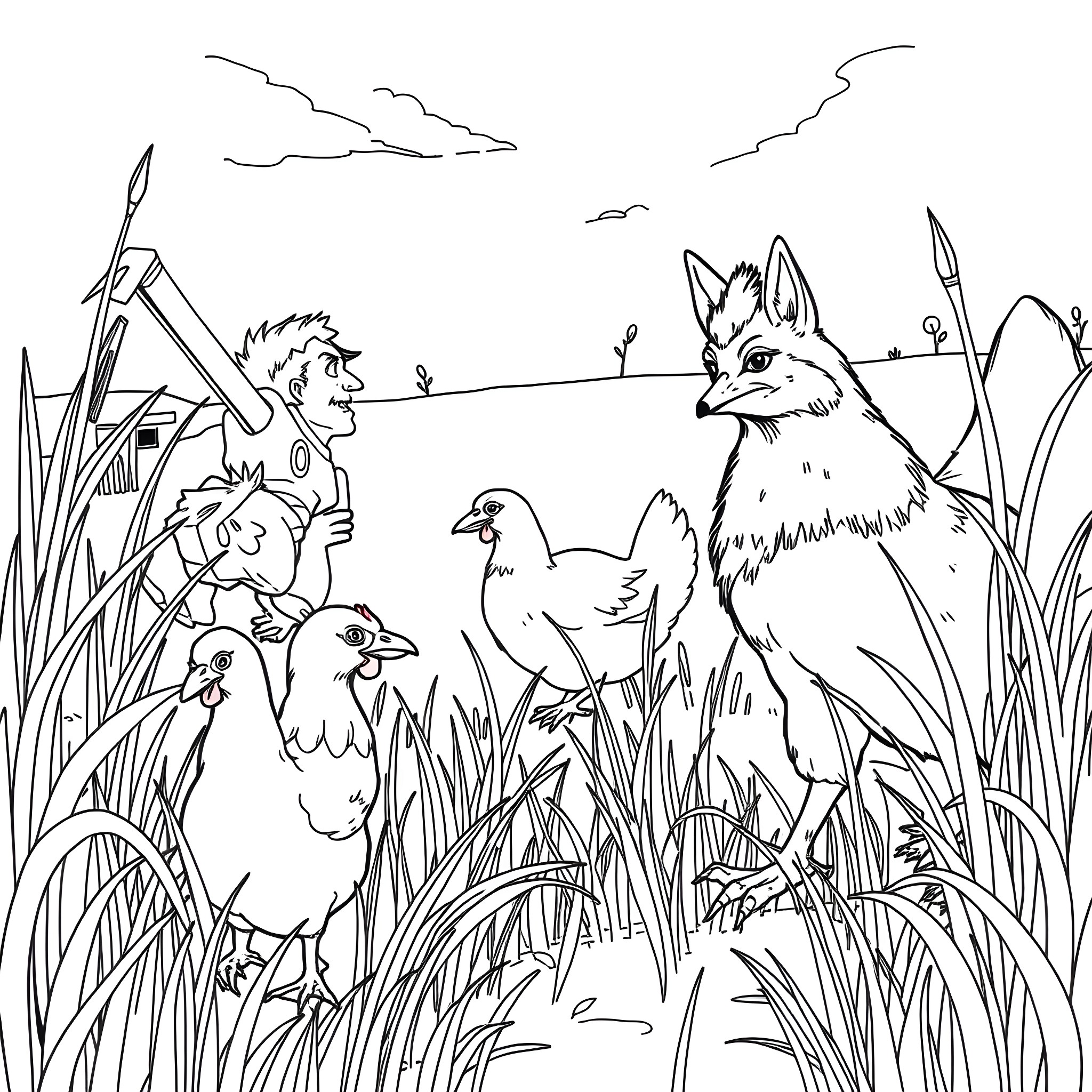 Chicken and fox in the countryside Coloring Page (free black-and-white line drawing printable PDF for all, from beginners to advanced learners, including children, teens, adults, and seniors)