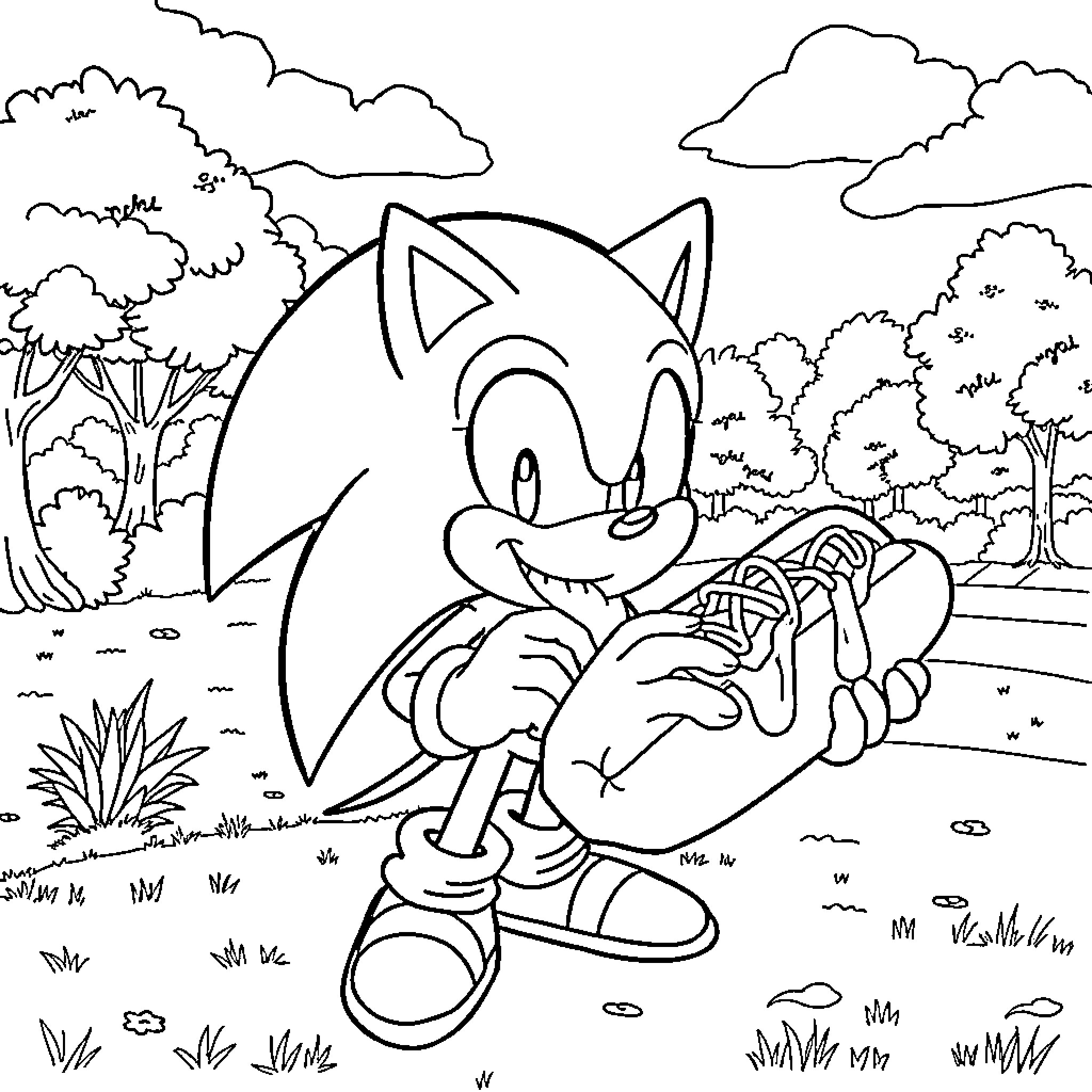 Sonic speeding through a lush natural landscape Coloring Page (free black-and-white line drawing printable PDF for all, from beginners to advanced learners, including children, teens, adults, and seniors)