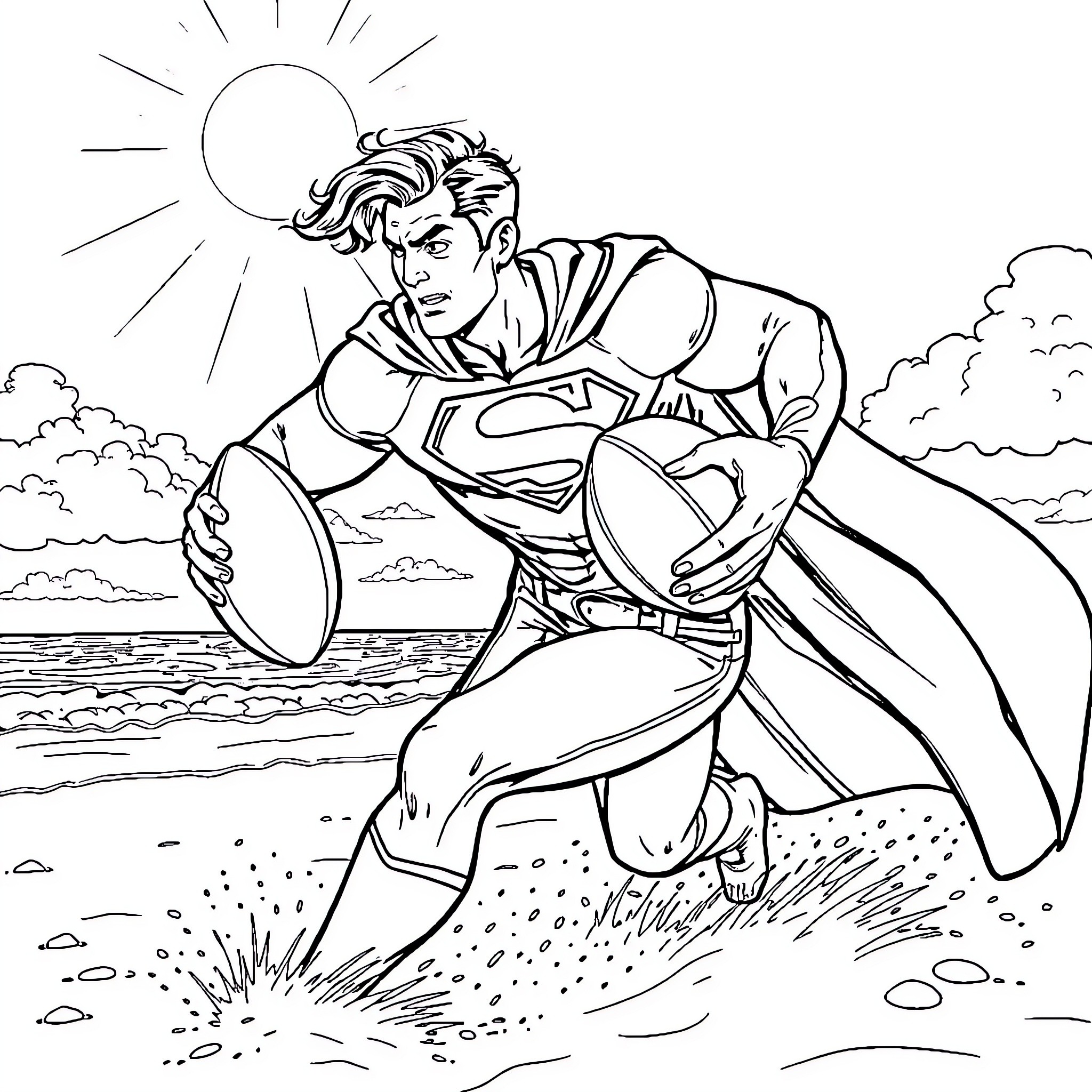 Superman soaring heroically over a scenic landscape Coloring Page (free black-and-white line drawing printable PDF for all, from beginners to advanced learners, including children, teens, adults, and seniors)