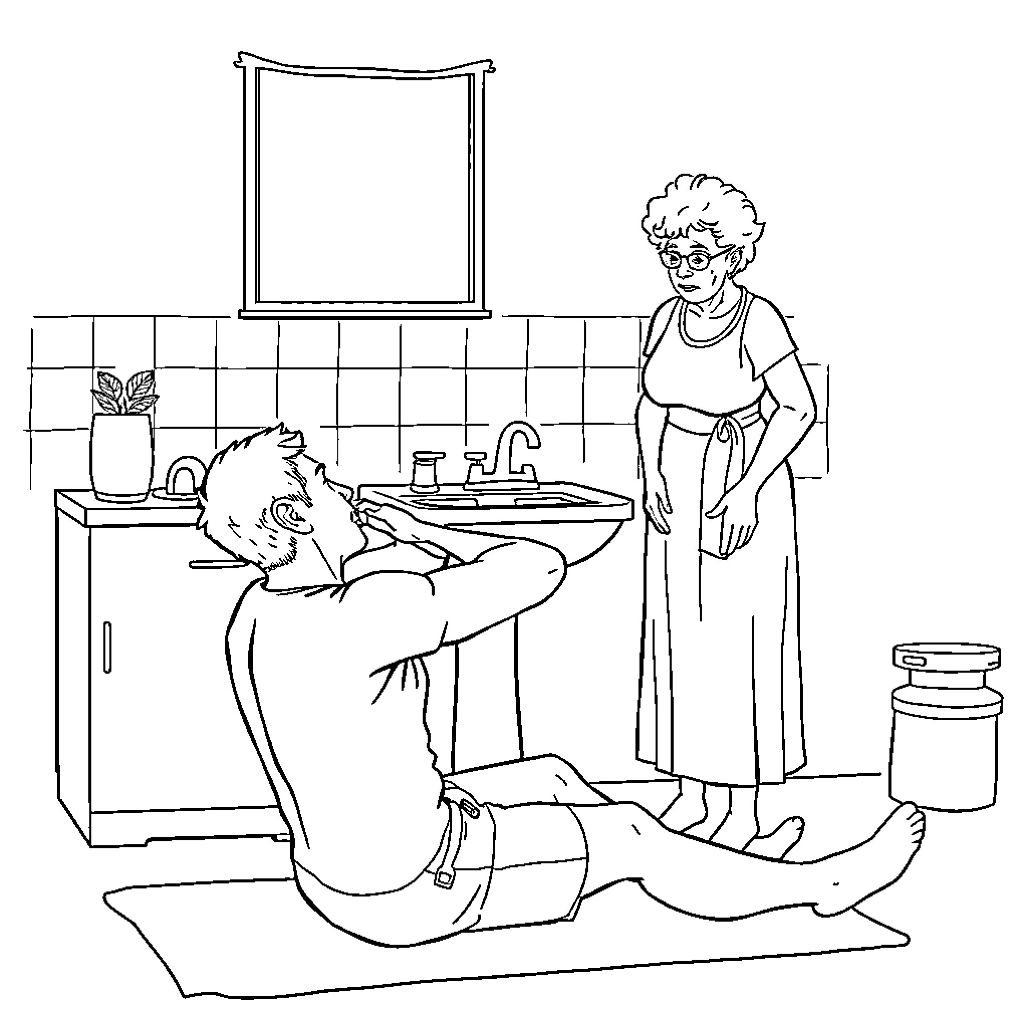 Man and Woman in a Domestic Setting Coloring Page (free black-and-white line drawing printable PDF for all, from beginners to advanced learners, including children, teens, adults, and seniors)