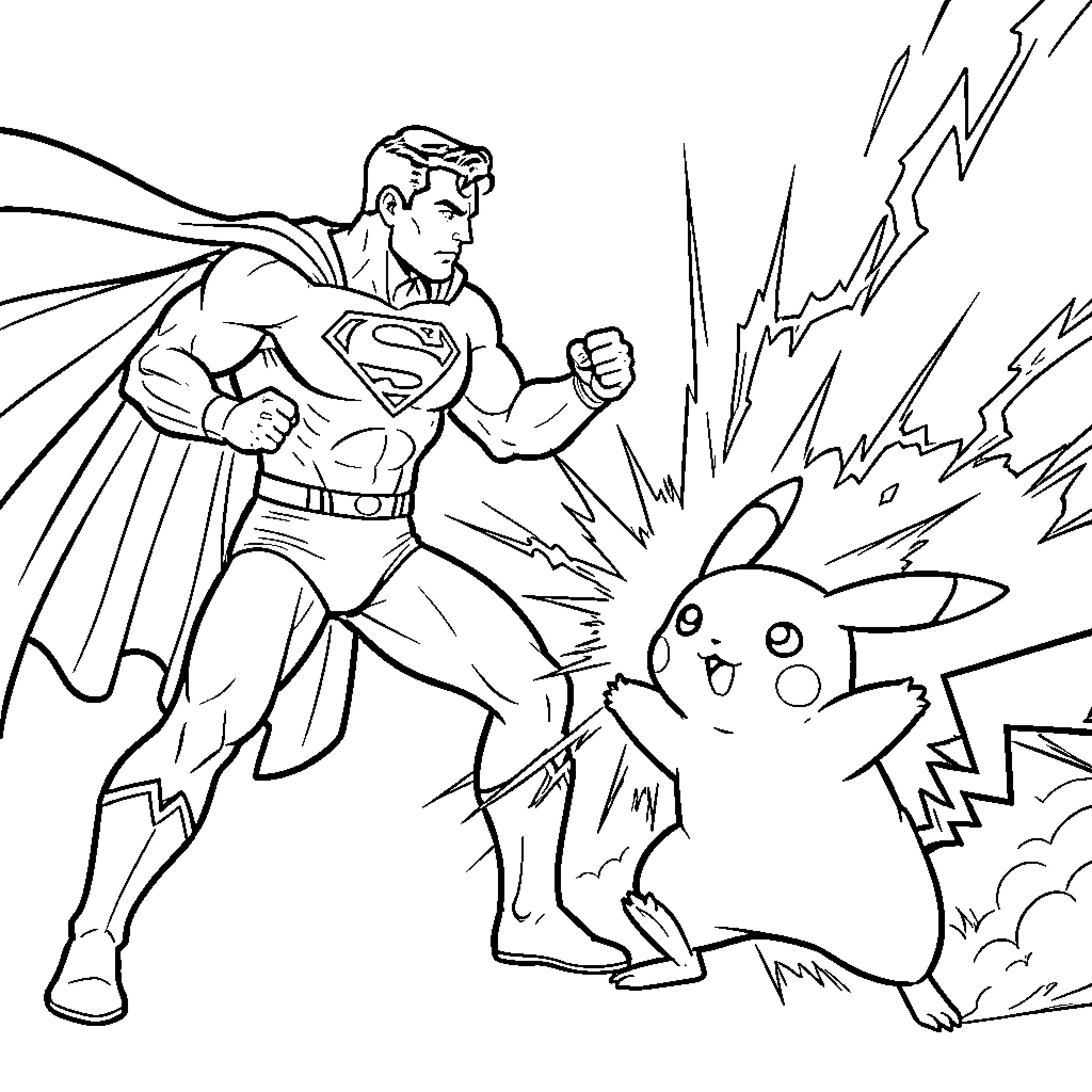 Superman facing off against Pikachu in a battle Coloring Page (free black-and-white line drawing printable PDF for all, from beginners to advanced learners, including children, teens, adults, and seniors)