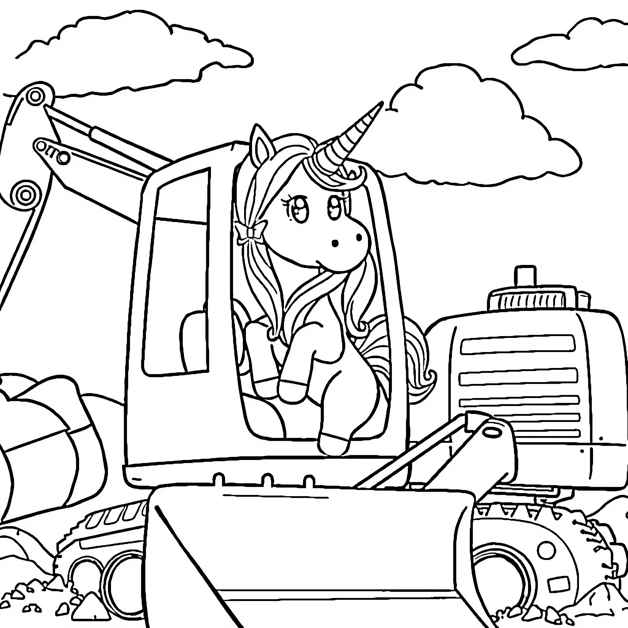 Unicorn operating a construction machine Coloring Page (free black-and-white line drawing printable PDF for all, from beginners to advanced learners, including children, teens, adults, and seniors)