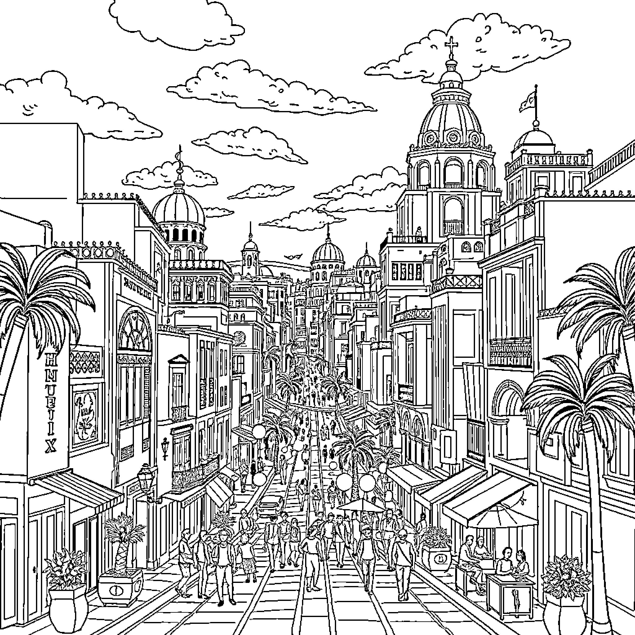 Huntrix: A Bustling City Scene Coloring Page (free black-and-white line drawing printable PDF for all, from beginners to advanced learners, including children, teens, adults, and seniors)
